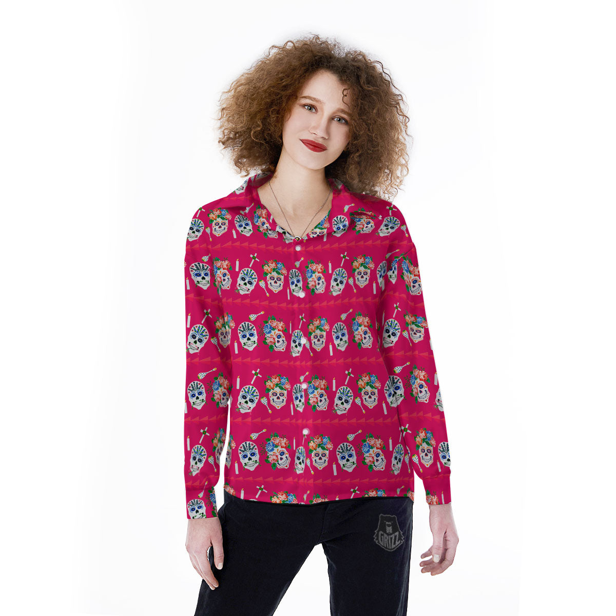 Sugar Skull Pink Print Pattern Women's Long Sleeve Shirts-grizzshop