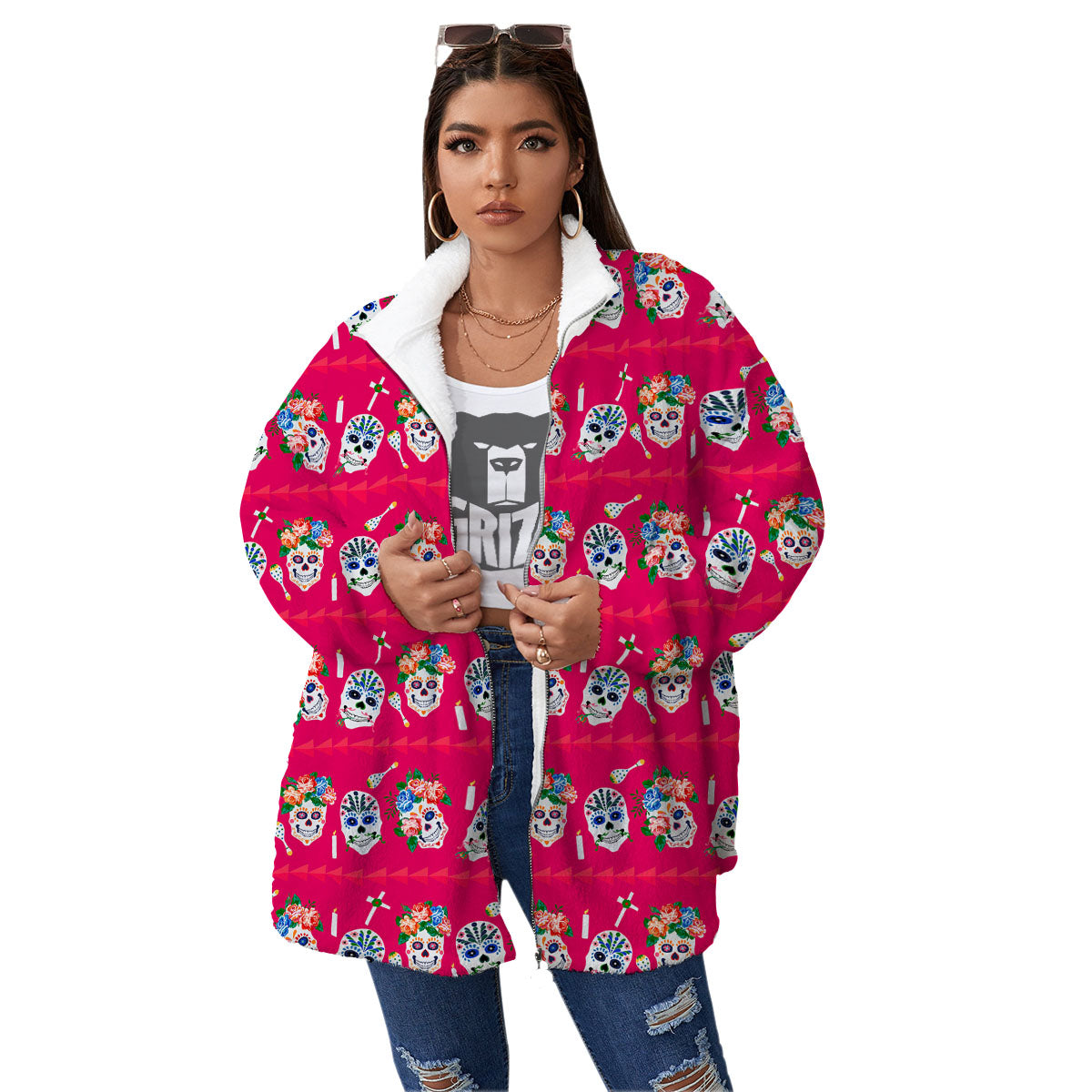 Sugar Skull Pink Print Pattern Women's Sherpa Jacket-grizzshop