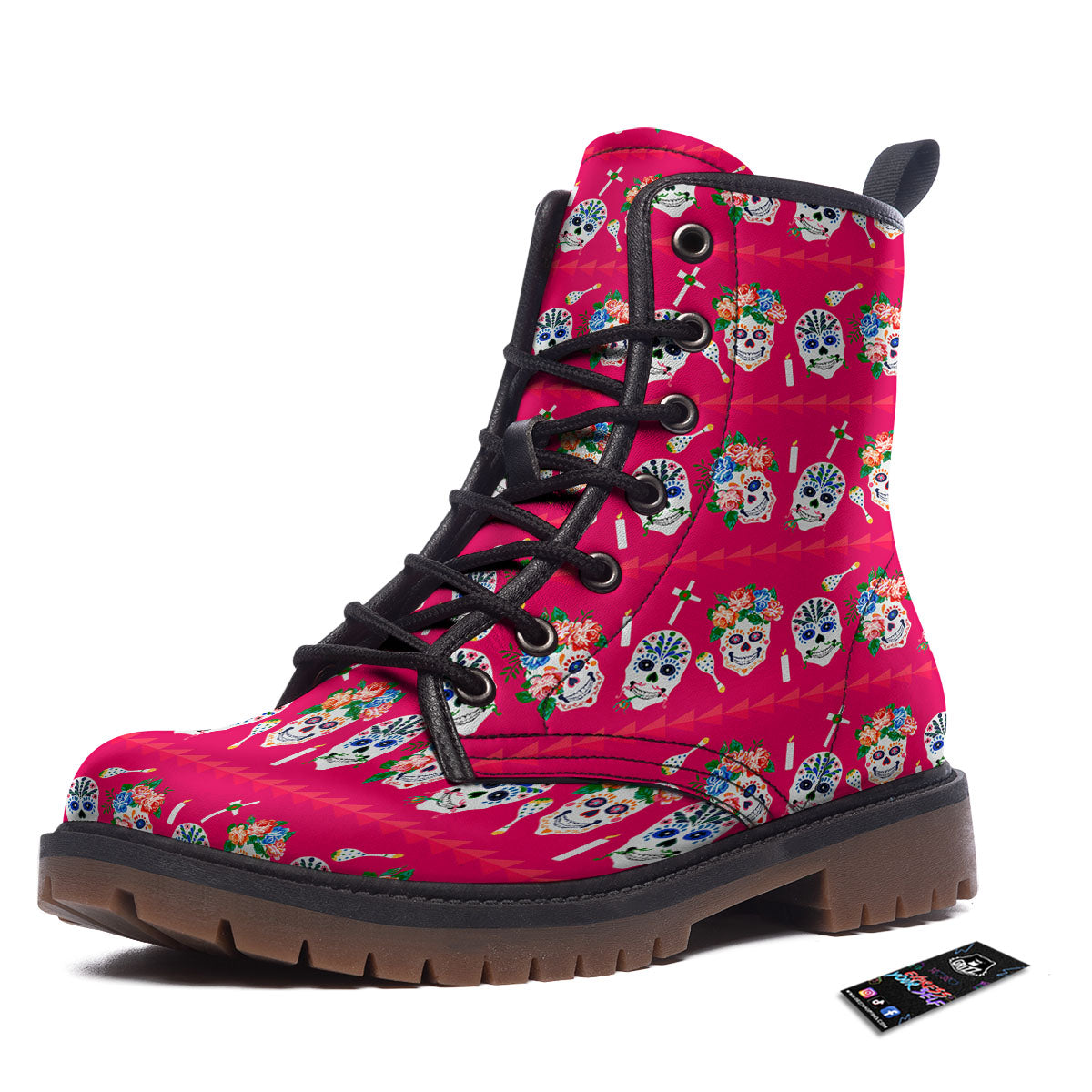 Sugar Skull Pink Print Pattern Work Boots-grizzshop