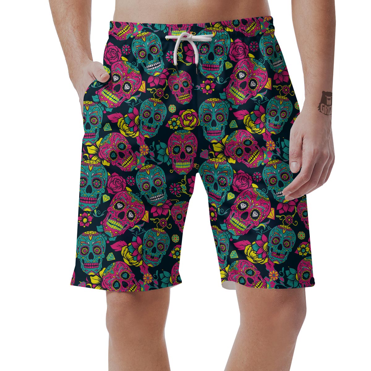 Sugar Skull Print Men's Shorts-grizzshop