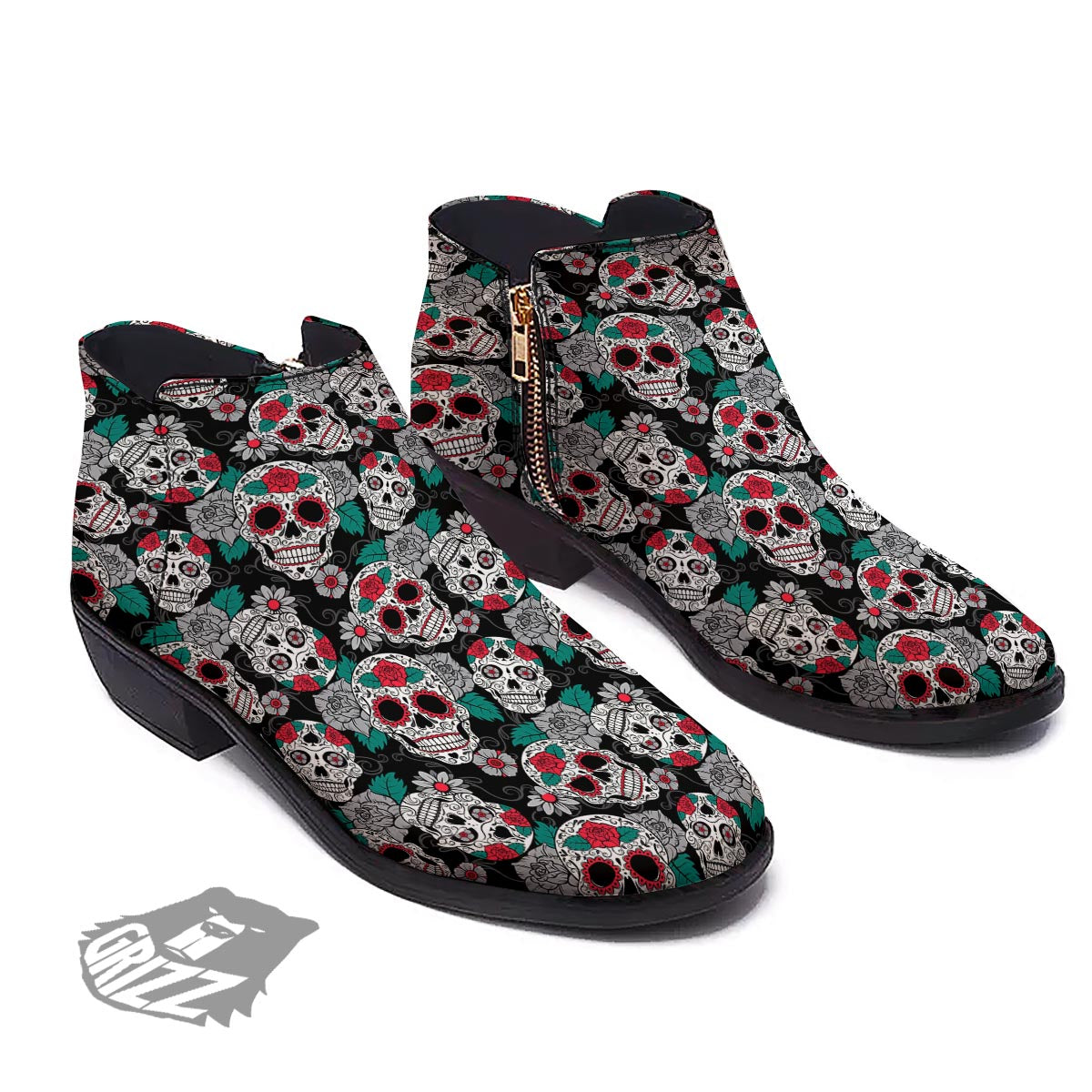 Sugar Skull Rose Floral Print Pattern Ankle Boots-grizzshop