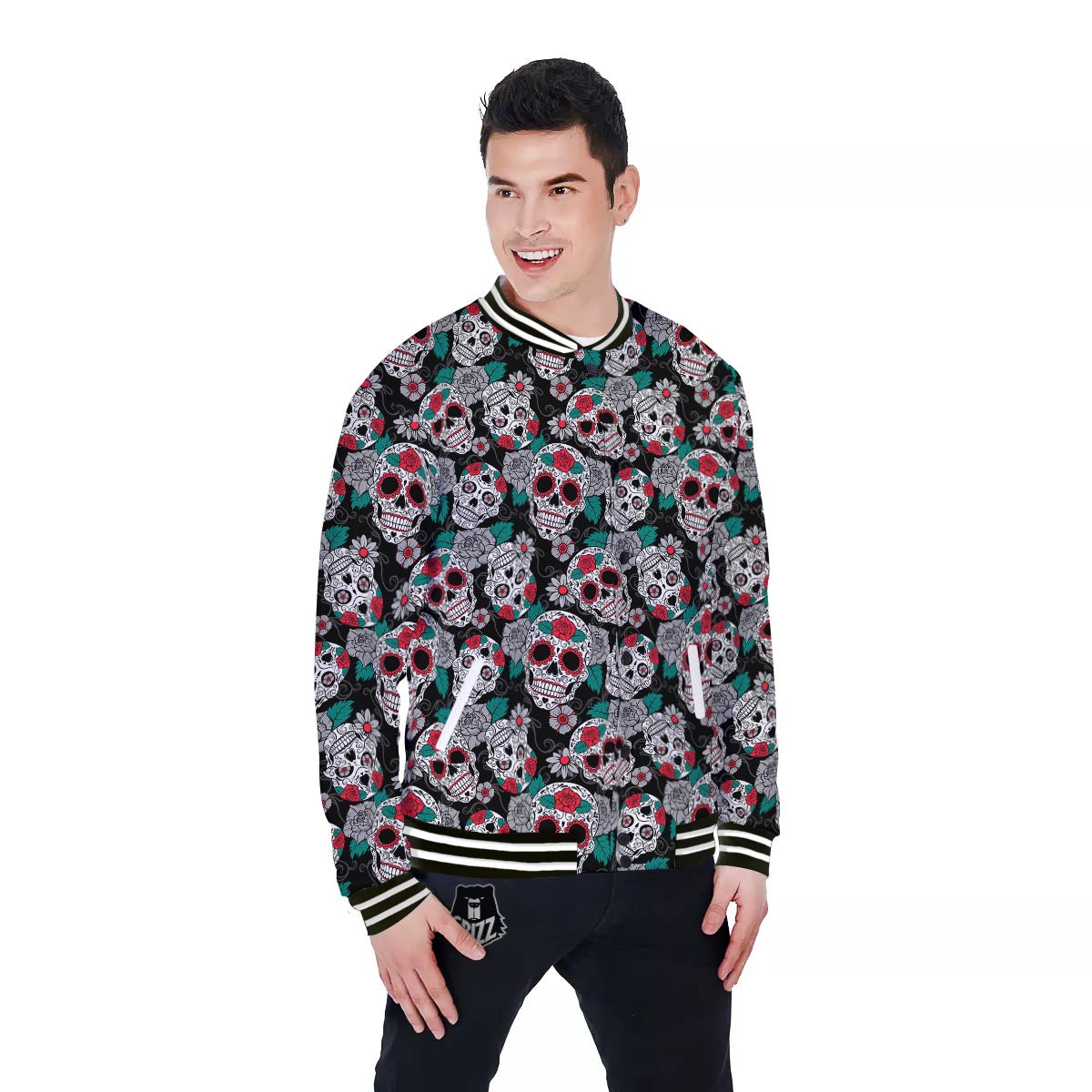 Sugar Skull Rose Floral Print Pattern Baseball Jacket-grizzshop