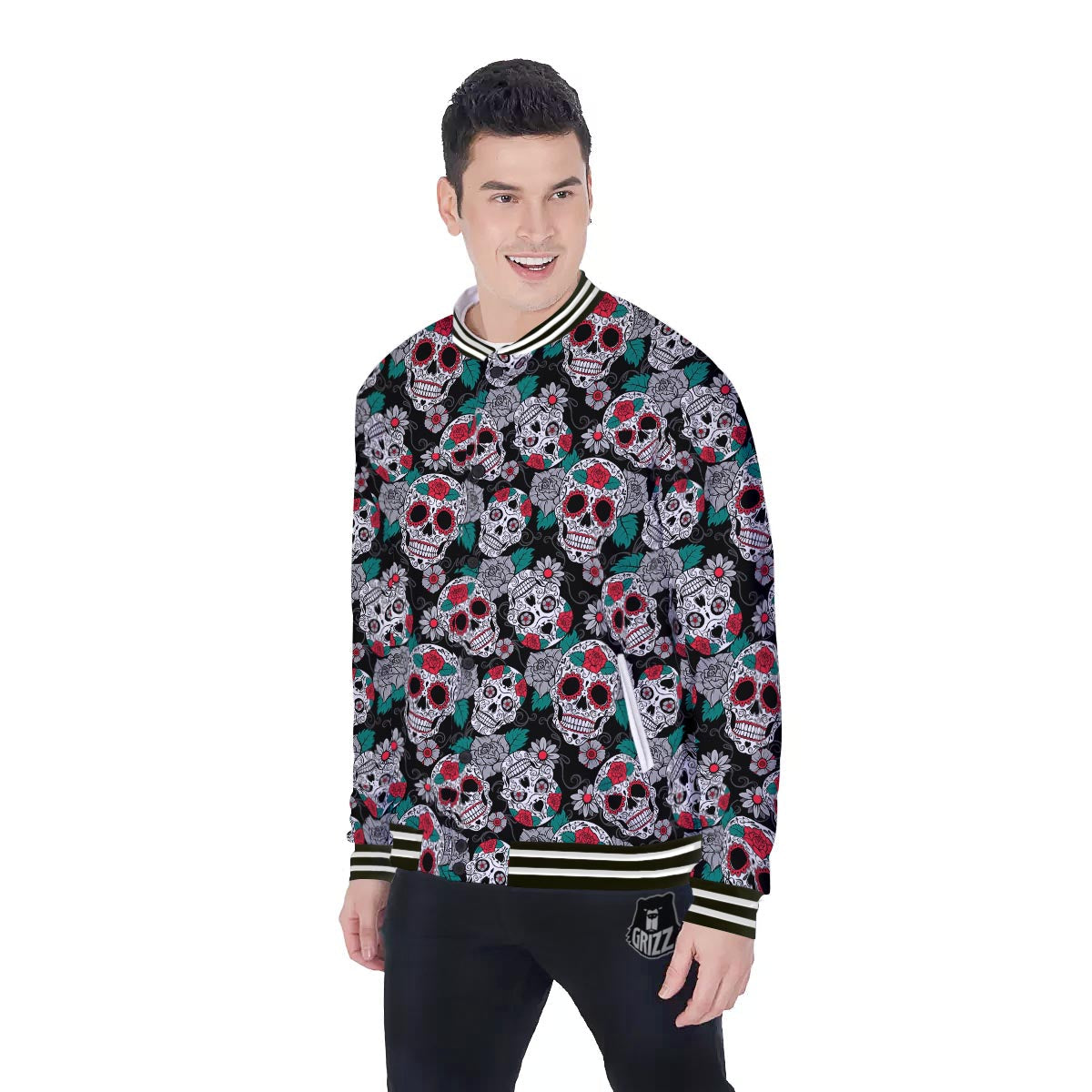 Sugar Skull Rose Floral Print Pattern Baseball Jacket-grizzshop