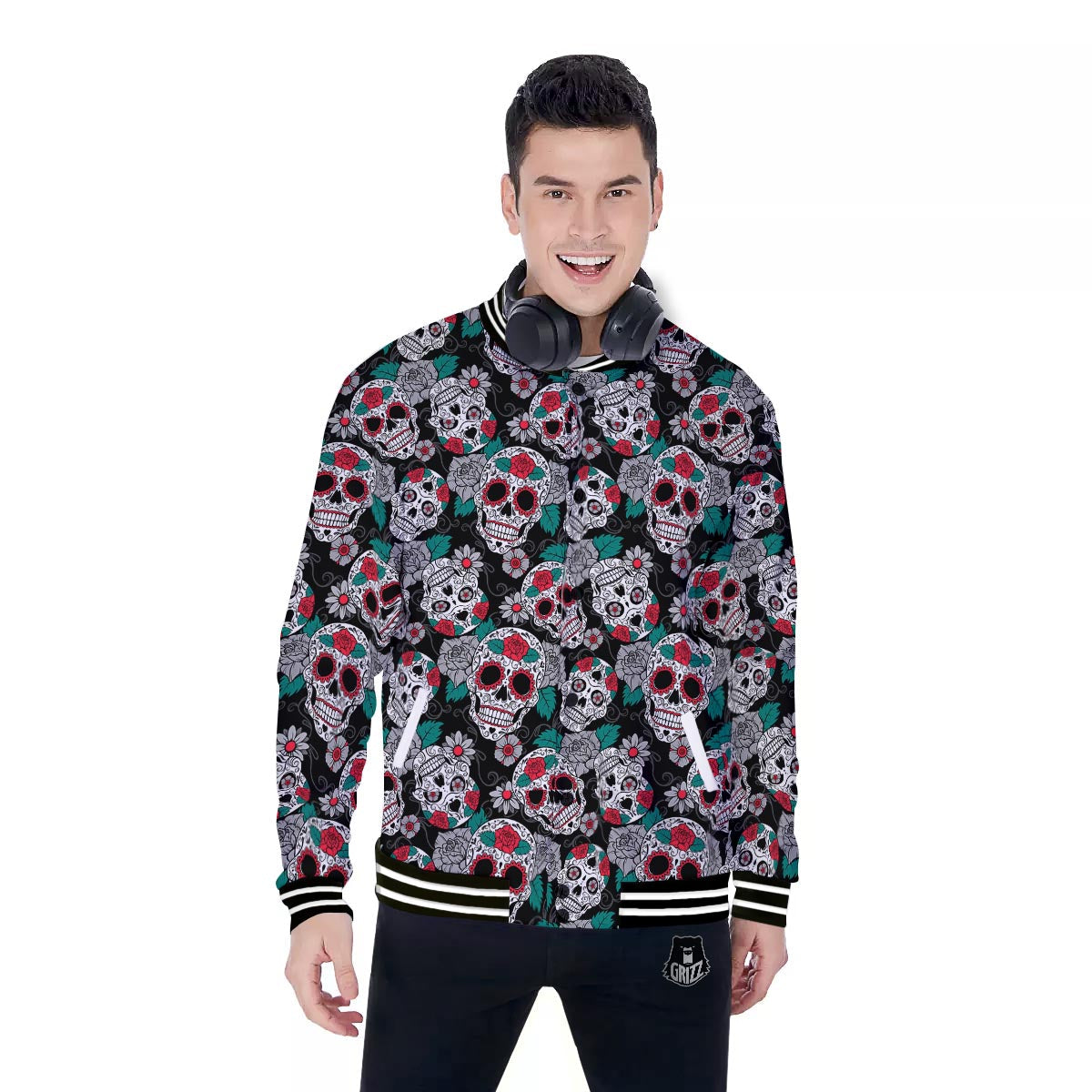 Sugar Skull Rose Floral Print Pattern Baseball Jacket-grizzshop