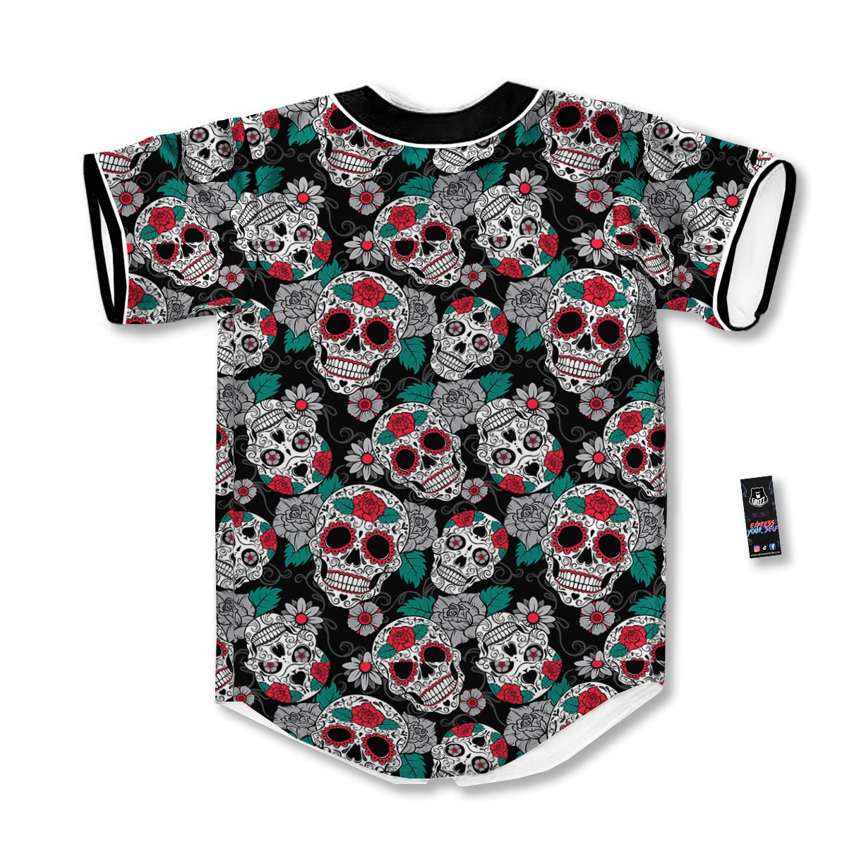 Sugar Skull Rose Floral Print Pattern Baseball Jersey-grizzshop