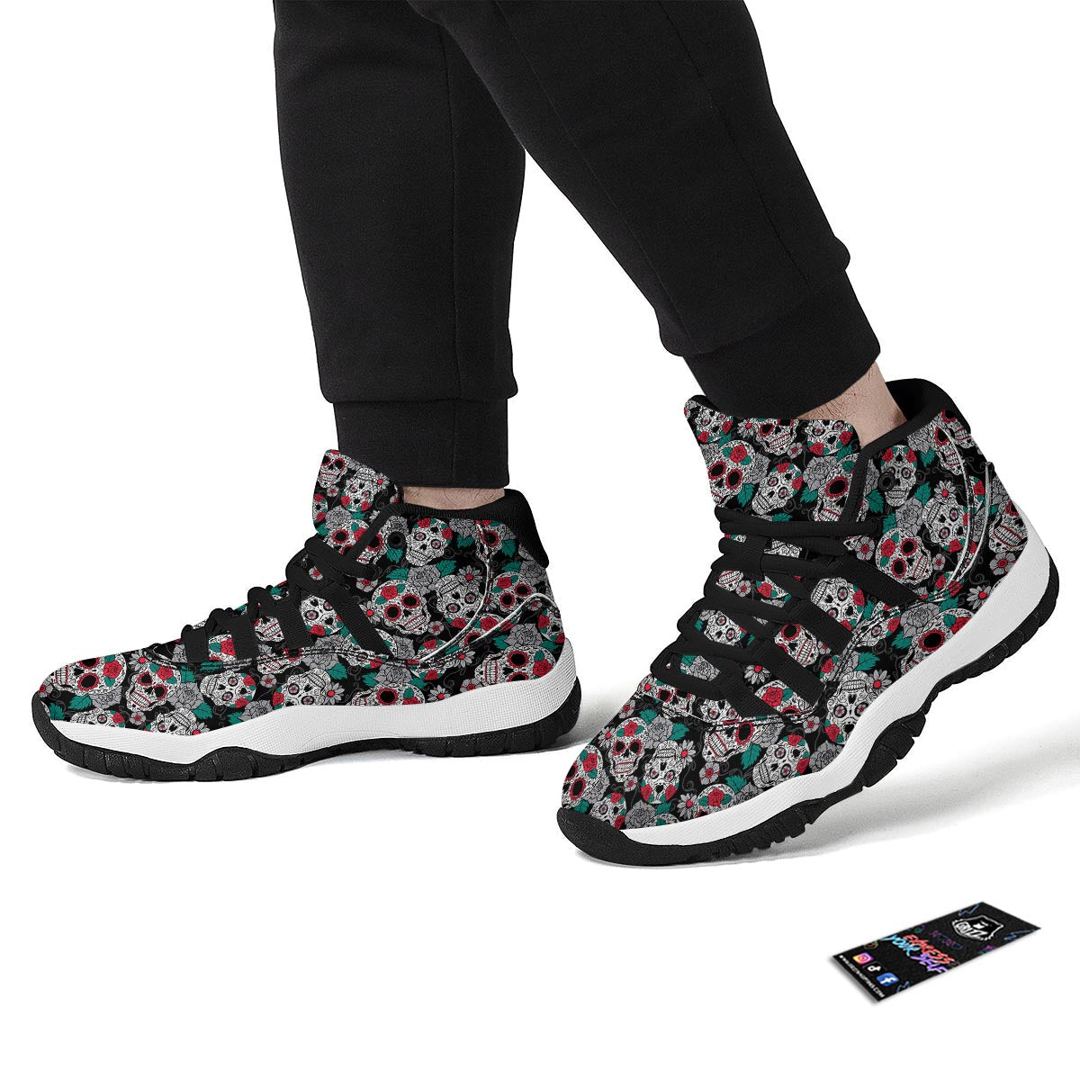 Sugar Skull Rose Floral Print Pattern Black Bball Shoes-grizzshop