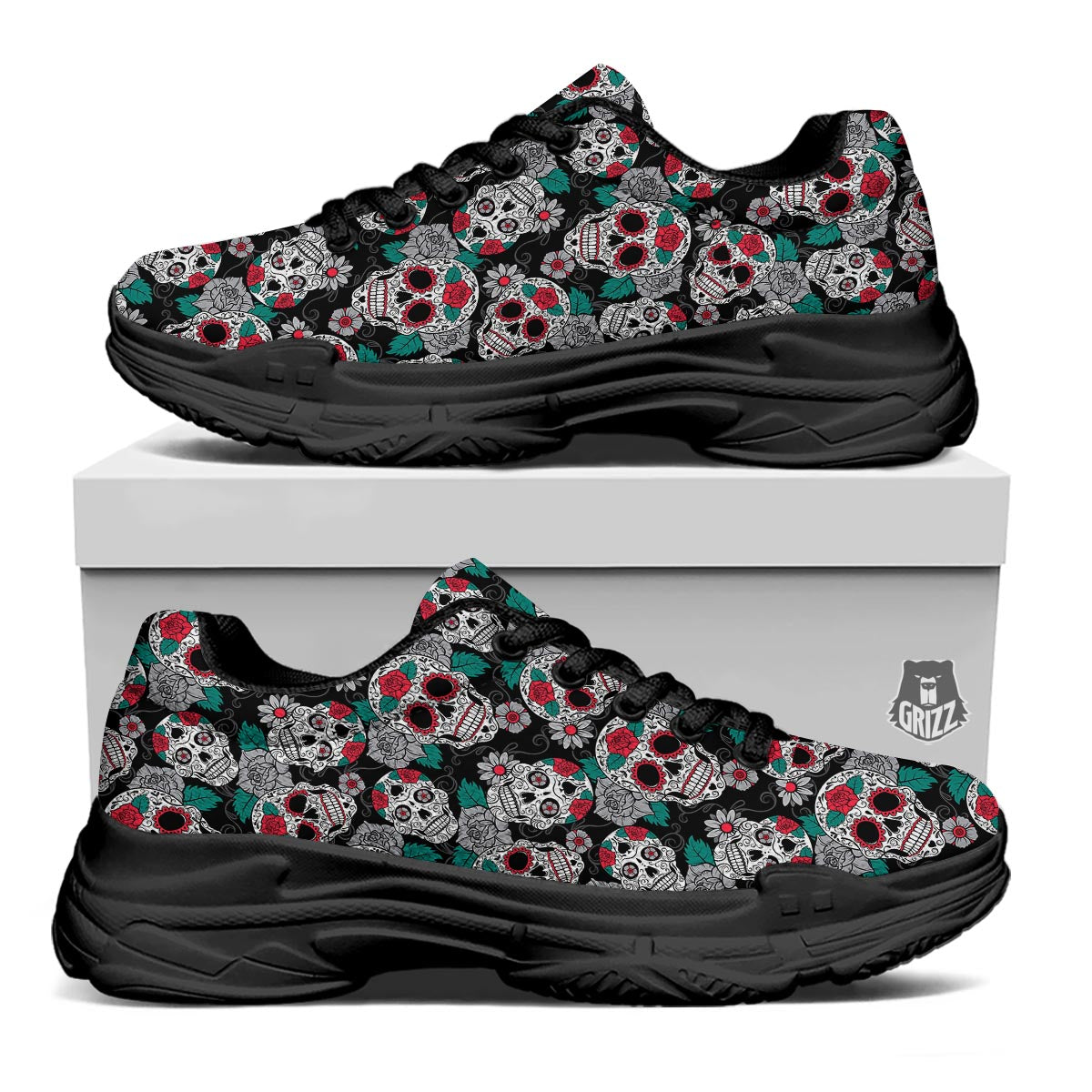 Sugar Skull Rose Floral Print Pattern Black Chunky Shoes-grizzshop