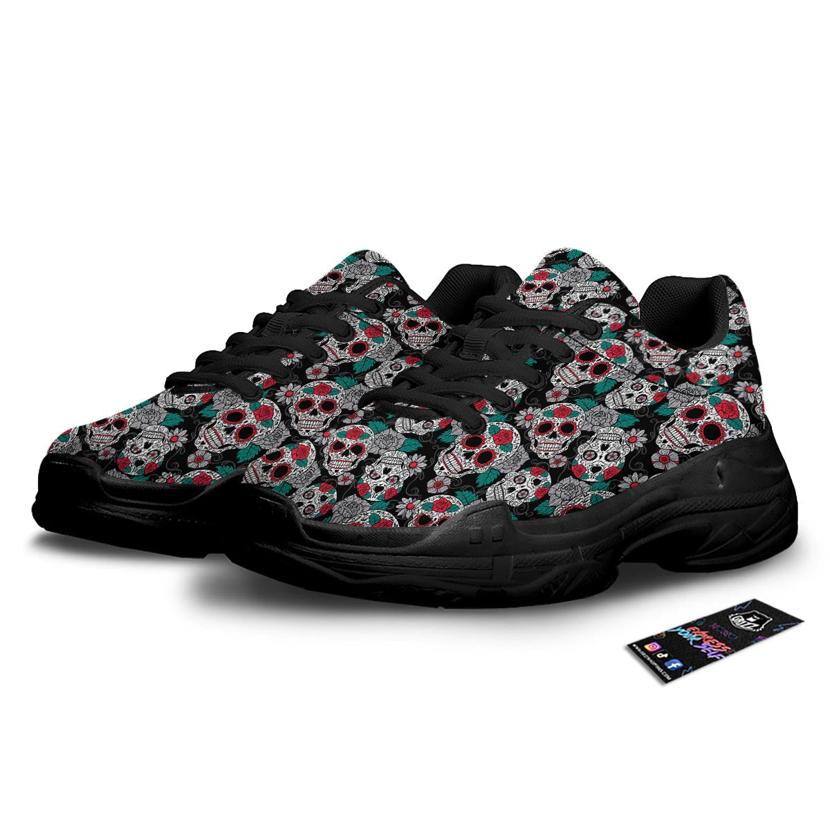 Sugar Skull Rose Floral Print Pattern Black Chunky Shoes-grizzshop