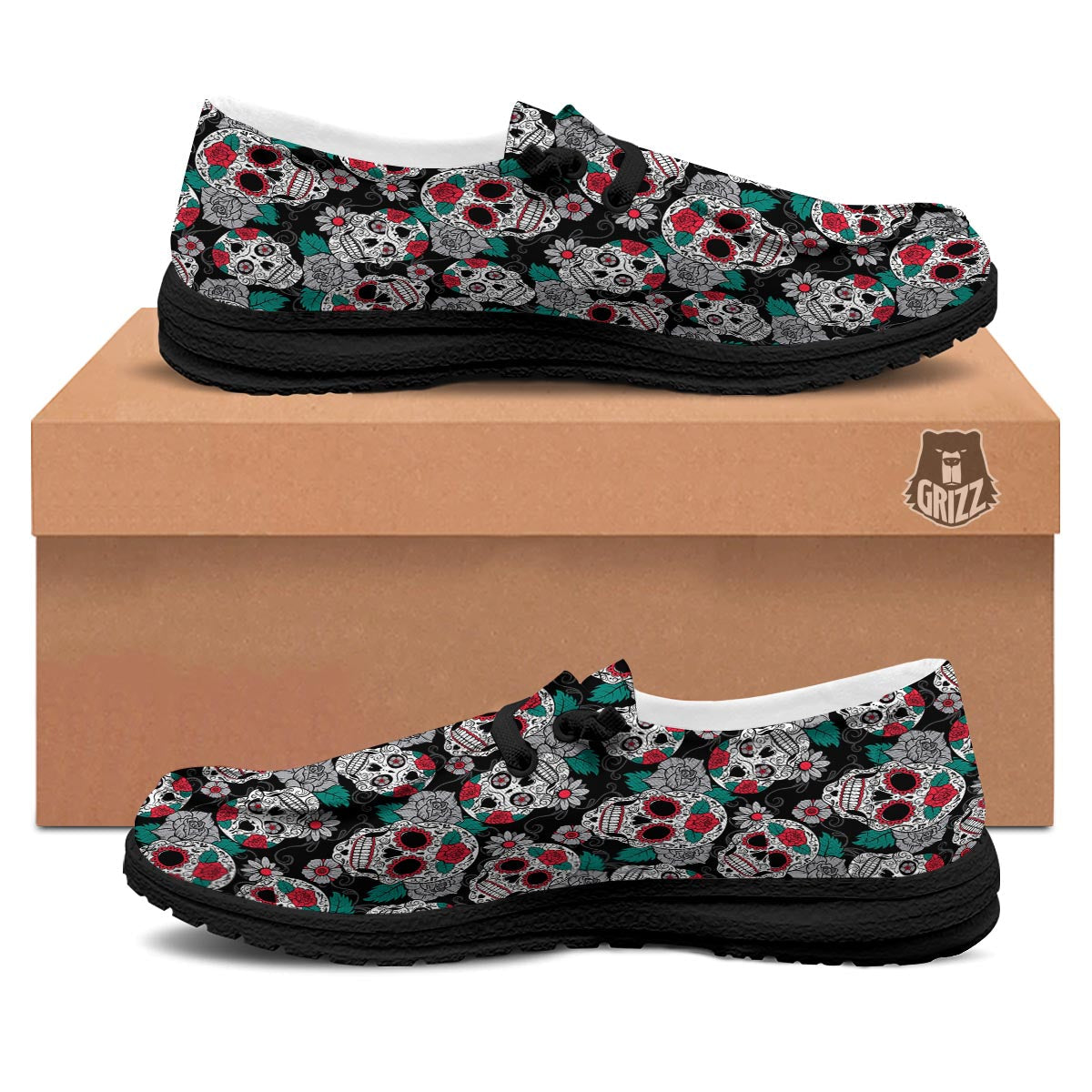 Sugar Skull Rose Floral Print Pattern Black Loafers-grizzshop