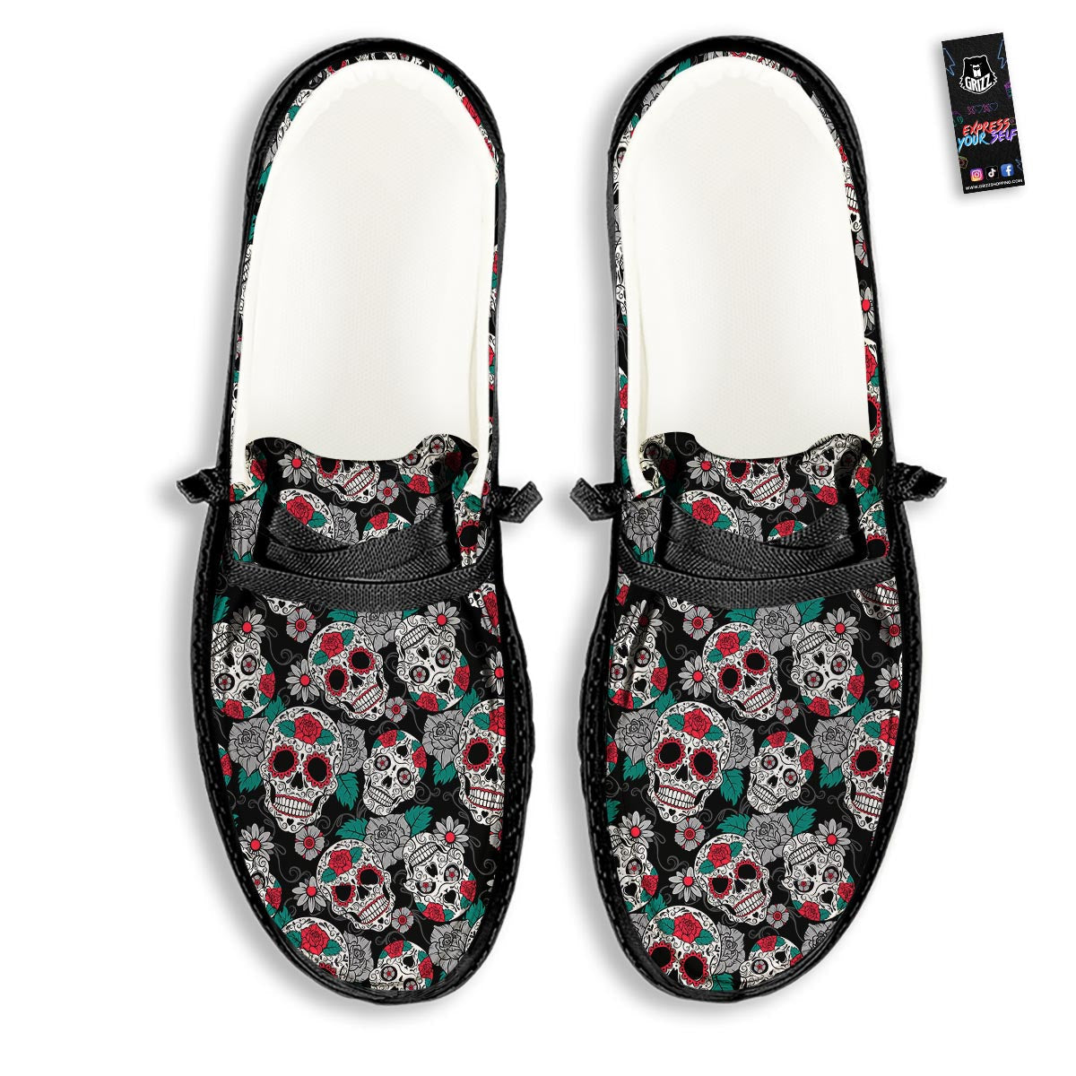Sugar Skull Rose Floral Print Pattern Black Loafers-grizzshop