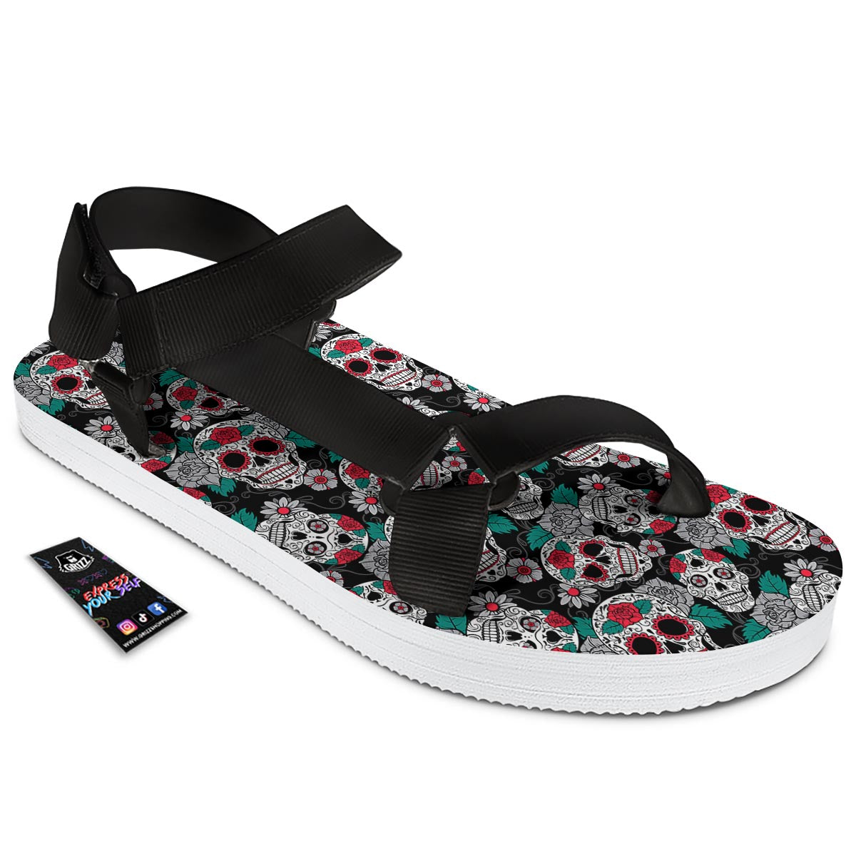 Sugar Skull Rose Floral Print Pattern Black Open Toe Sandals-grizzshop