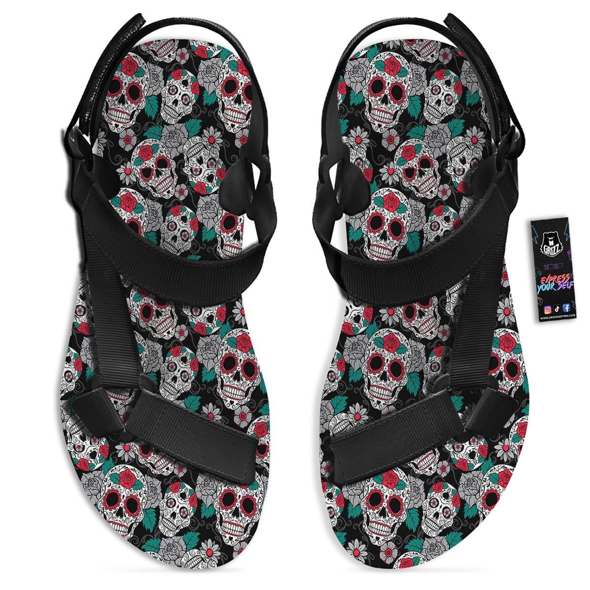 Sugar Skull Rose Floral Print Pattern Black Open Toe Sandals-grizzshop