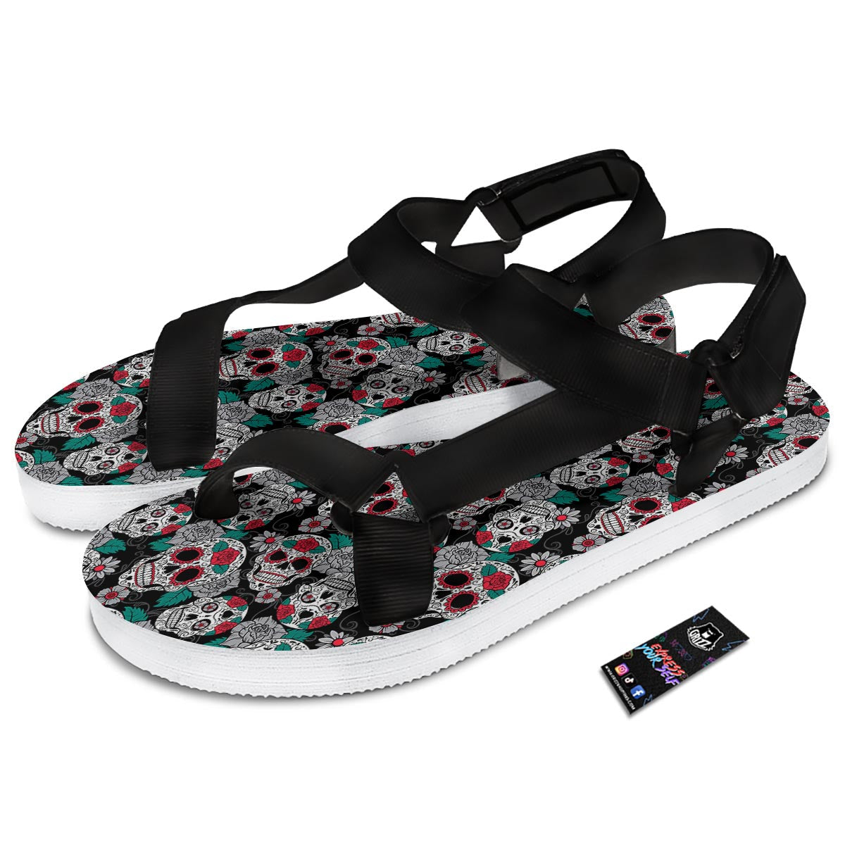 Sugar Skull Rose Floral Print Pattern Black Open Toe Sandals-grizzshop