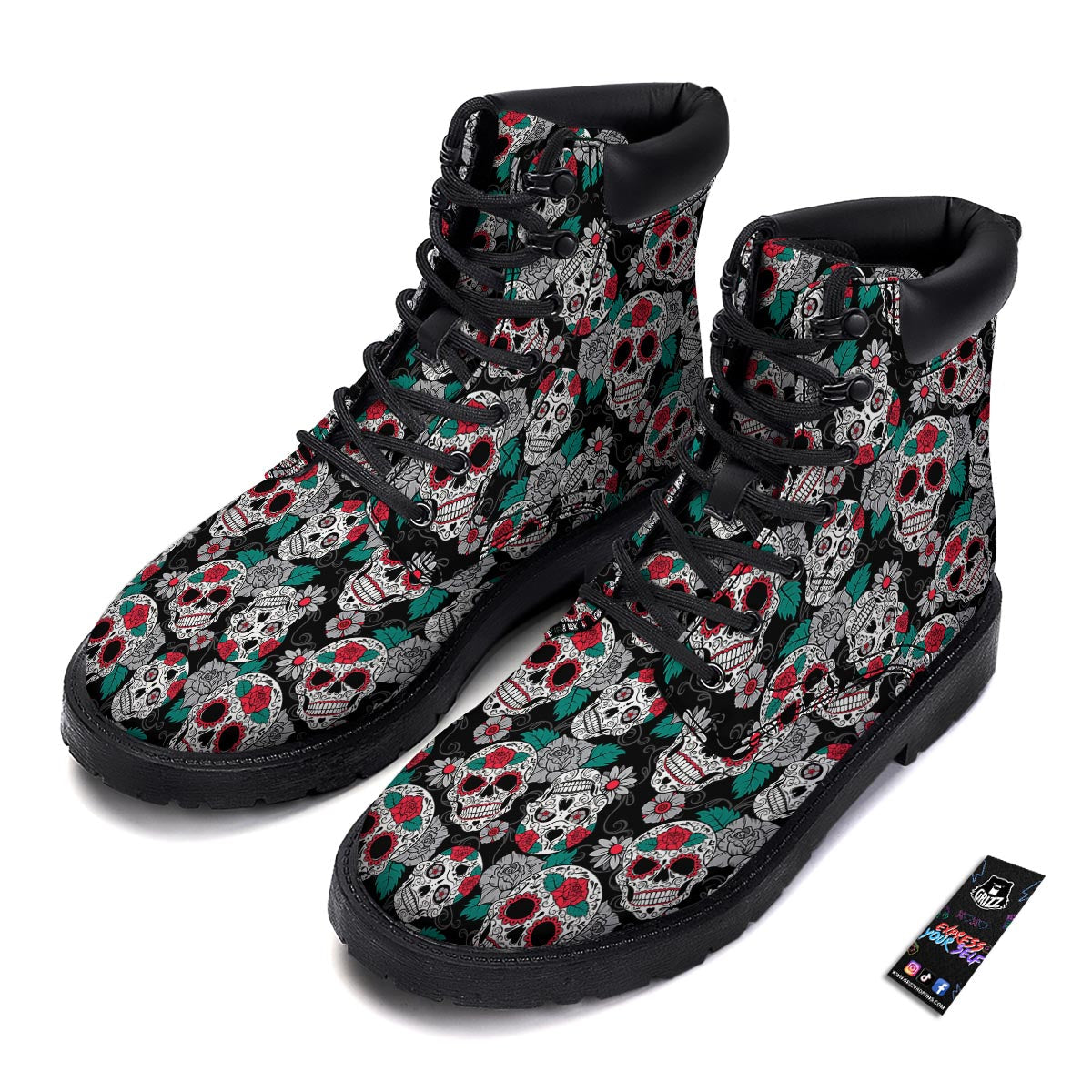 Sugar Skull Rose Floral Print Pattern Boots-grizzshop