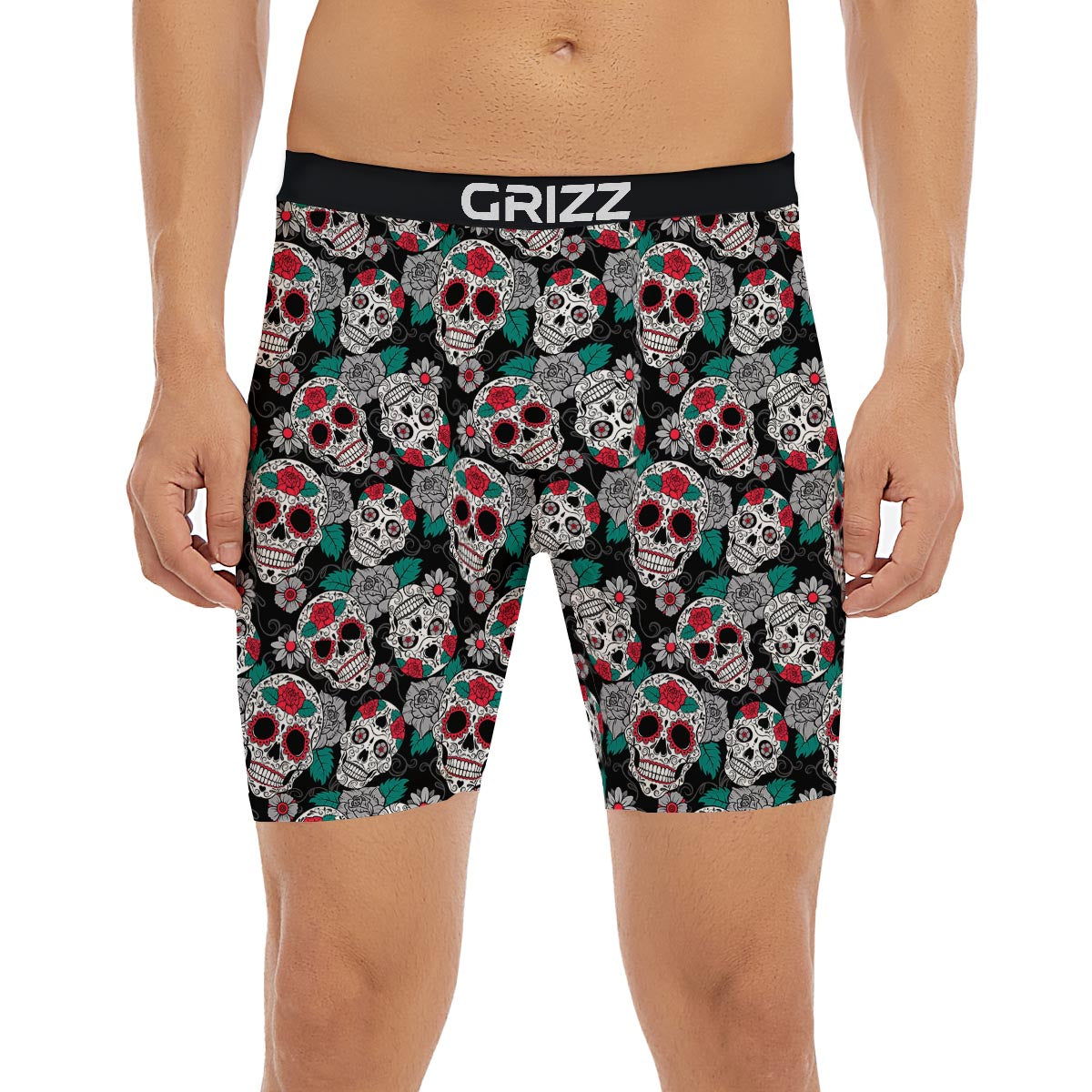 Sugar Skull Rose Floral Print Pattern Boxer Briefs-grizzshop