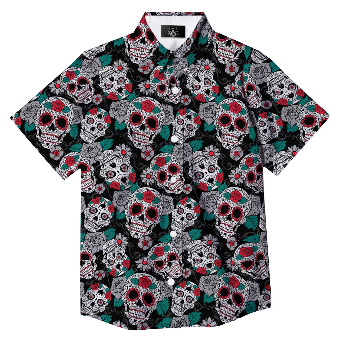 Sugar Skull Rose Floral Print Pattern Button Up Shirt-grizzshop