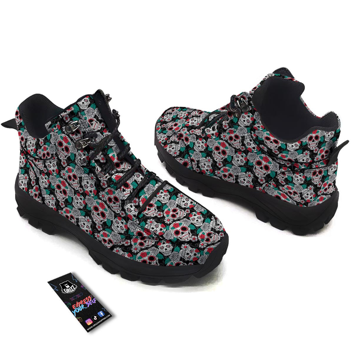 Sugar Skull Rose Floral Print Pattern Hiking Shoes-grizzshop