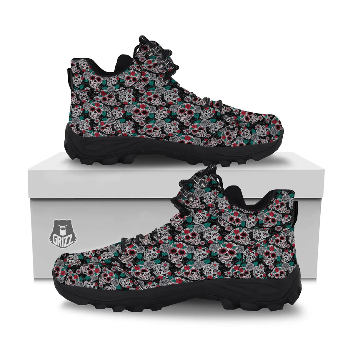 Sugar Skull Rose Floral Print Pattern Hiking Shoes-grizzshop
