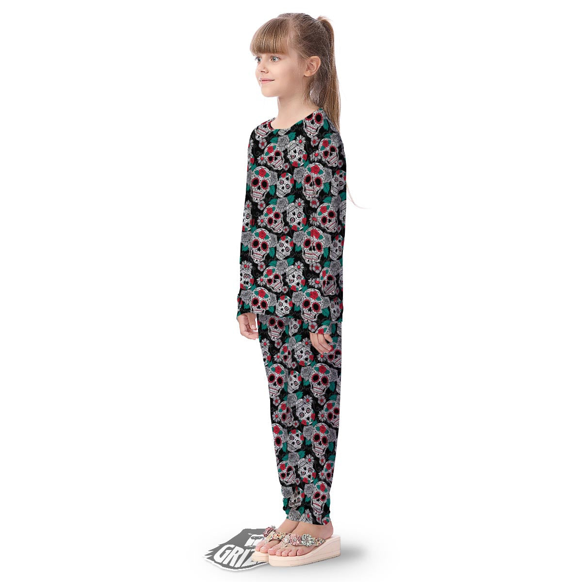 Sugar Skull Rose Floral Print Pattern Kid's Pajamas-grizzshop