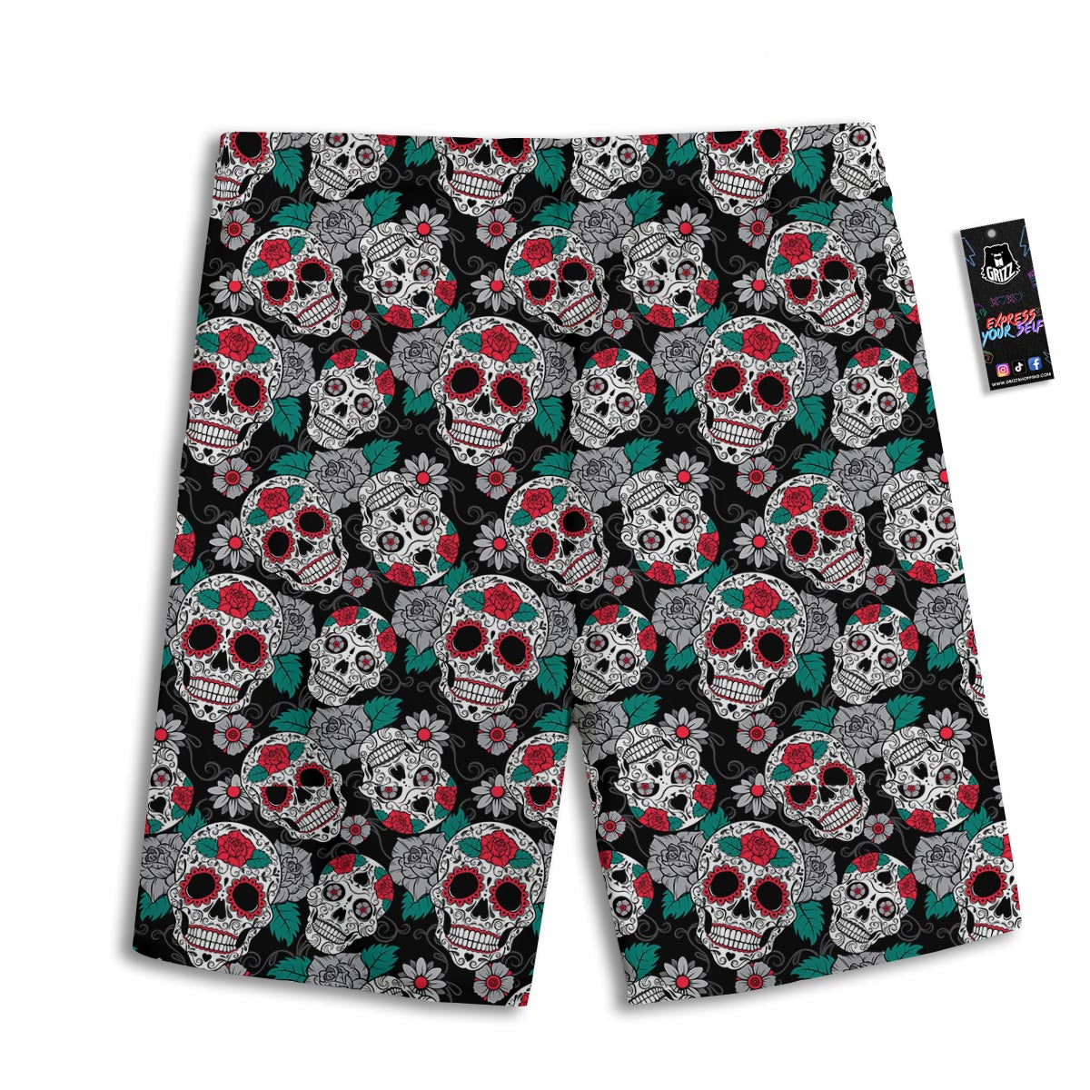 Sugar Skull Rose Floral Print Pattern Men's Athletic Shorts