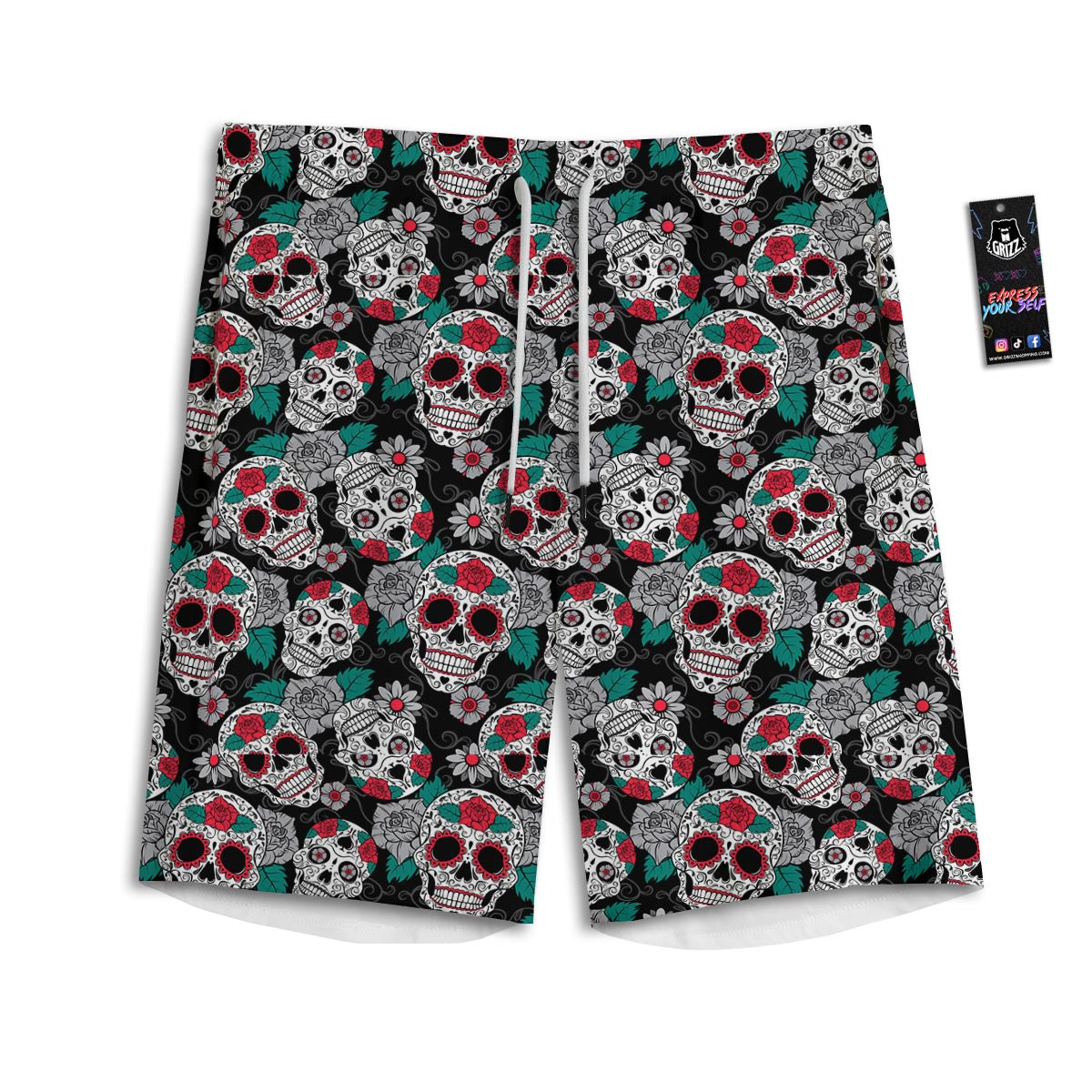 Sugar Skull Rose Floral Print Pattern Men's Athletic Shorts