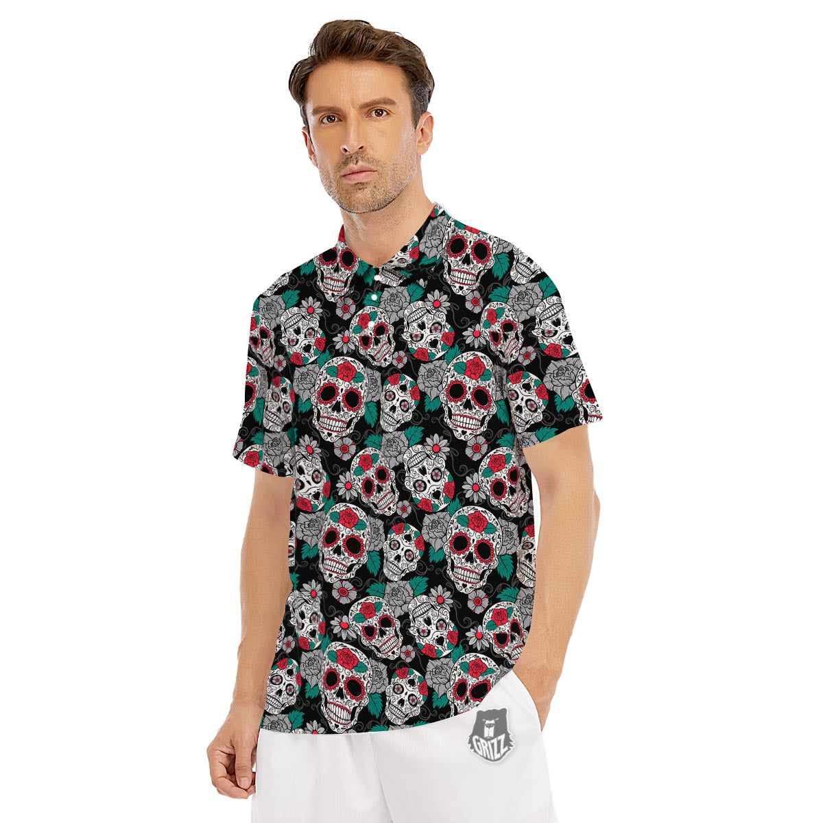 Sugar Skull Rose Floral Print Pattern Men's Golf Shirts-grizzshop