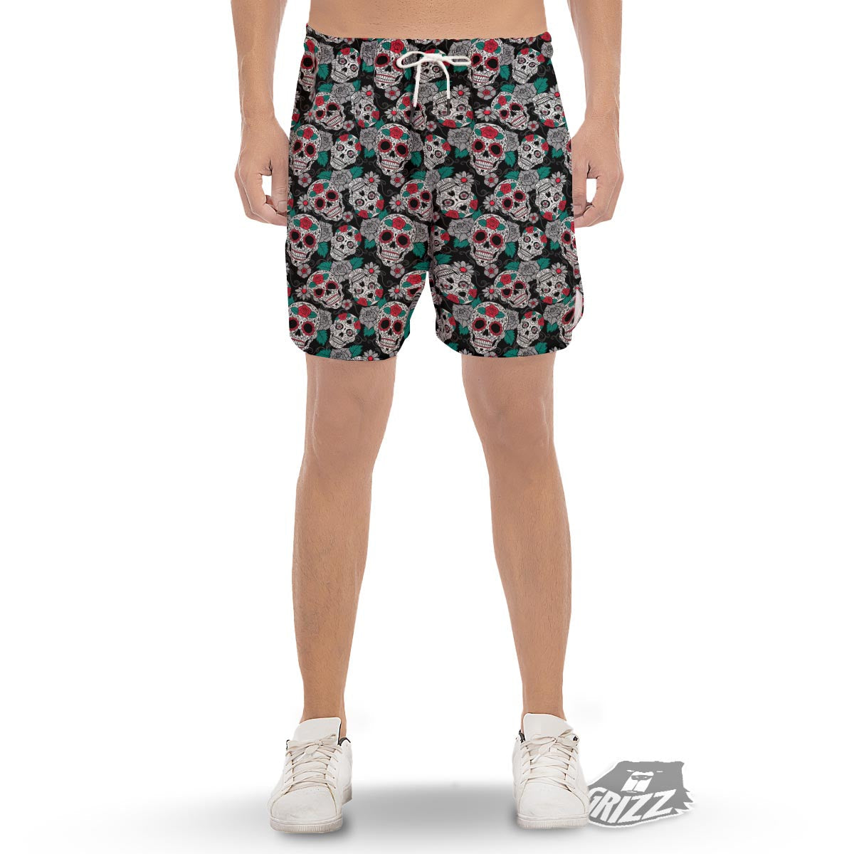 Sugar Skull Rose Floral Print Pattern Men's Gym Shorts-grizzshop