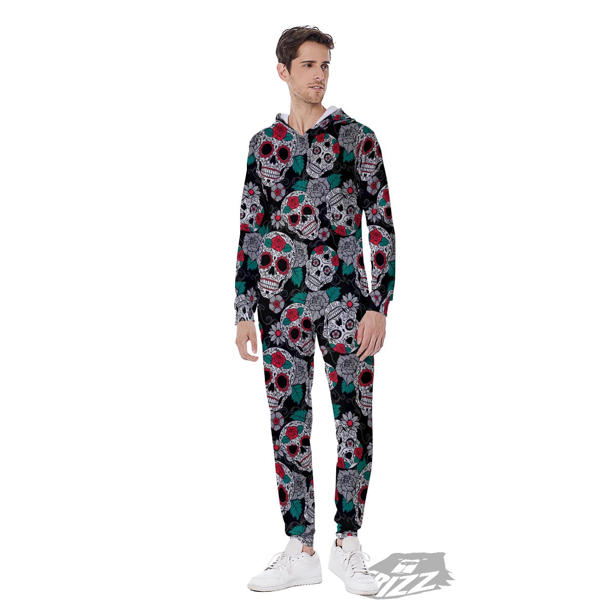 Sugar Skull Rose Floral Print Pattern Men's Jumpsuit-grizzshop