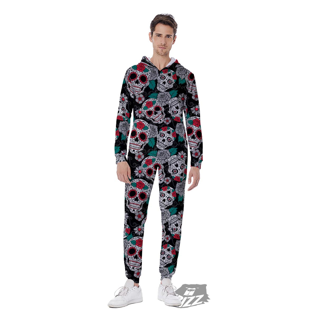 Sugar Skull Rose Floral Print Pattern Men's Jumpsuit-grizzshop