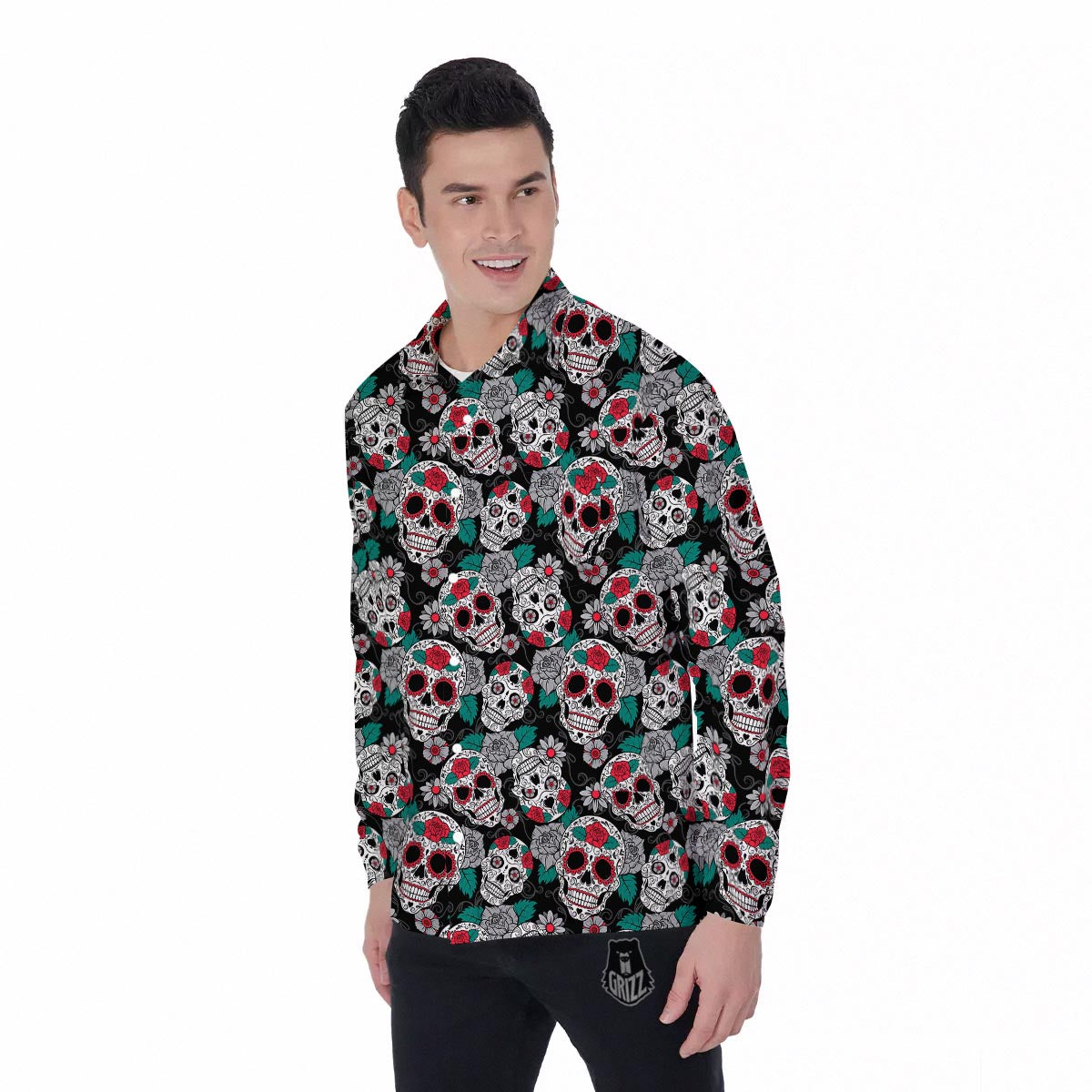 Sugar Skull Rose Floral Print Pattern Men's Long Sleeve Shirts-grizzshop