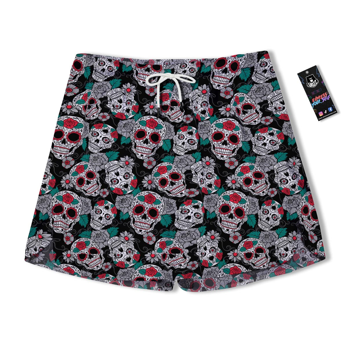Sugar Skull Rose Floral Print Pattern Men's Running Shorts-grizzshop