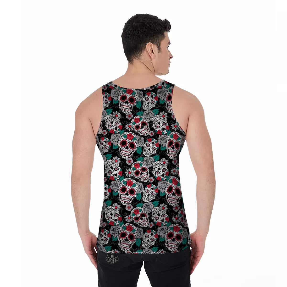 Sugar Skull Rose Floral Print Pattern Men's Tank Top-grizzshop