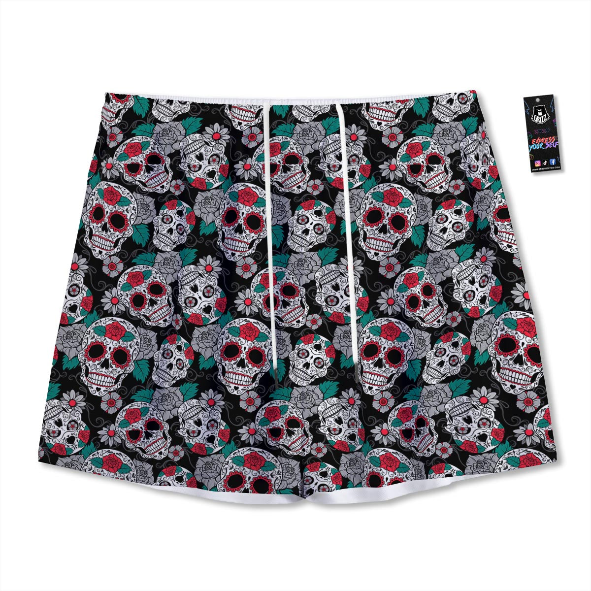 Sugar Skull Rose Floral Print Pattern Mesh Shorts