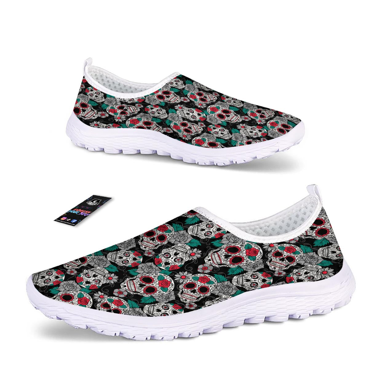 Sugar Skull Rose Floral Print Pattern Nurse Shoes-grizzshop