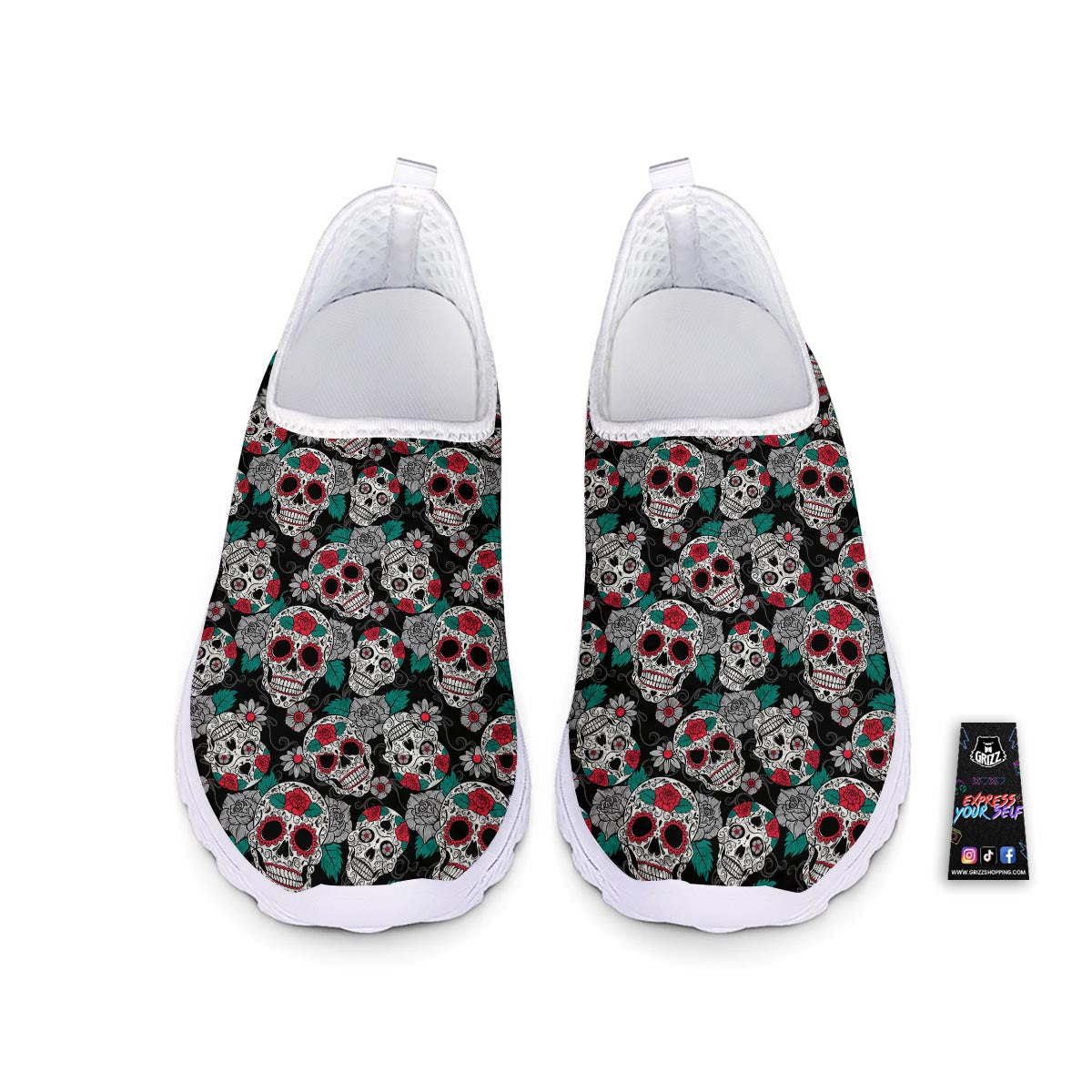 Sugar Skull Rose Floral Print Pattern Nurse Shoes-grizzshop