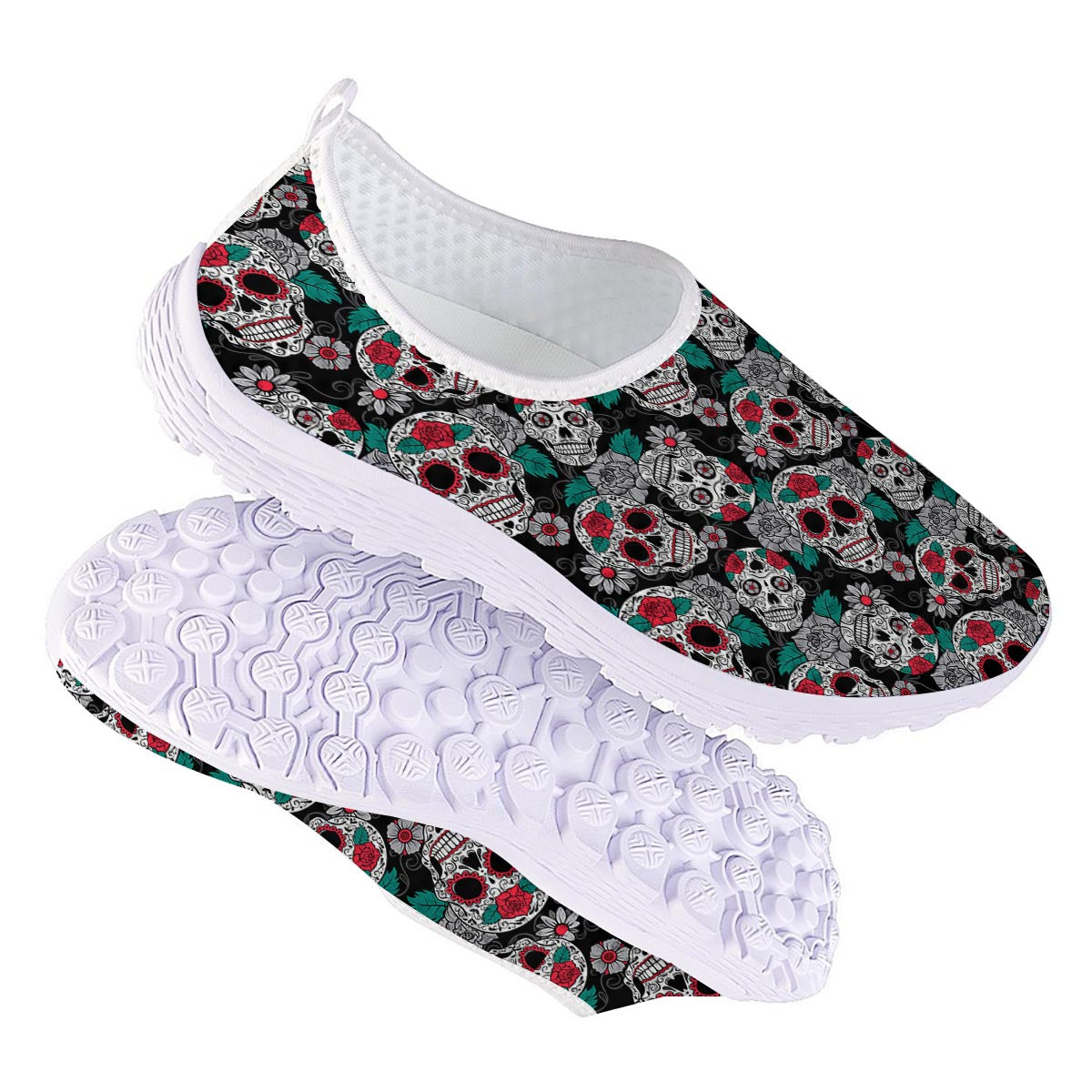 Sugar Skull Rose Floral Print Pattern Nurse Shoes-grizzshop