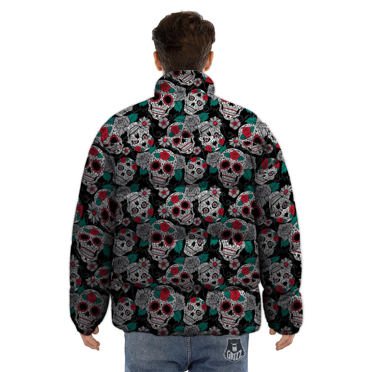Sugar Skull Rose Floral Print Pattern Puffer Jacket-grizzshop