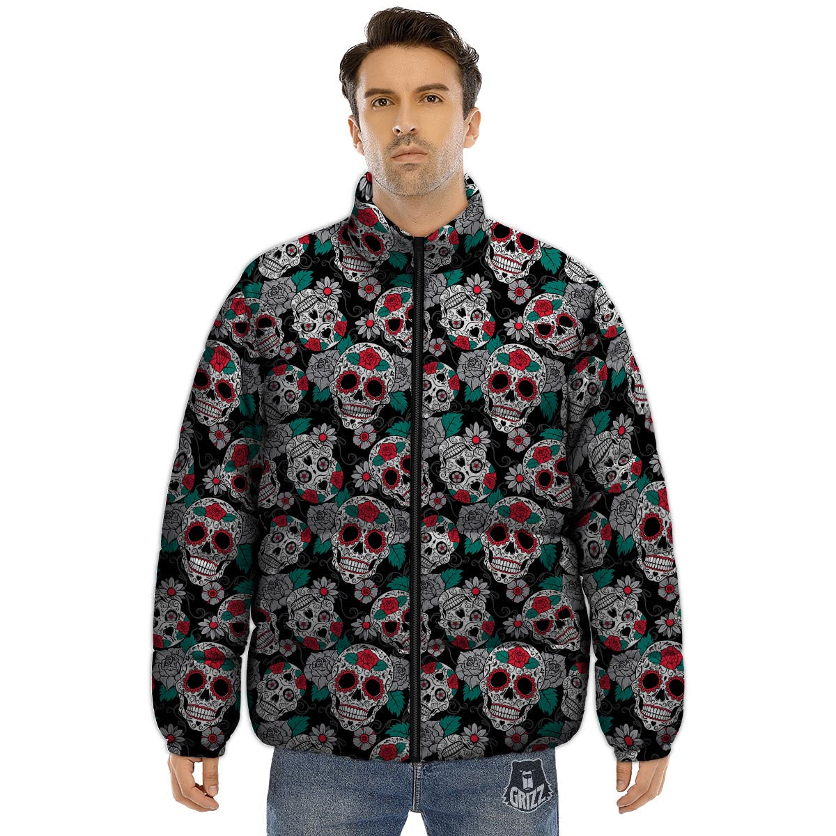 Sugar Skull Rose Floral Print Pattern Puffer Jacket-grizzshop