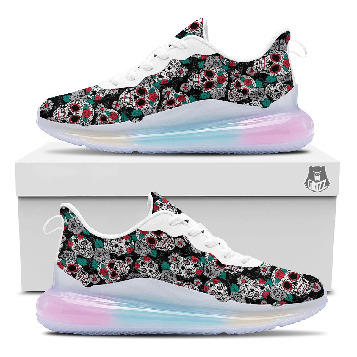 Sugar Skull Rose Floral Print Pattern Running Sneakers-grizzshop