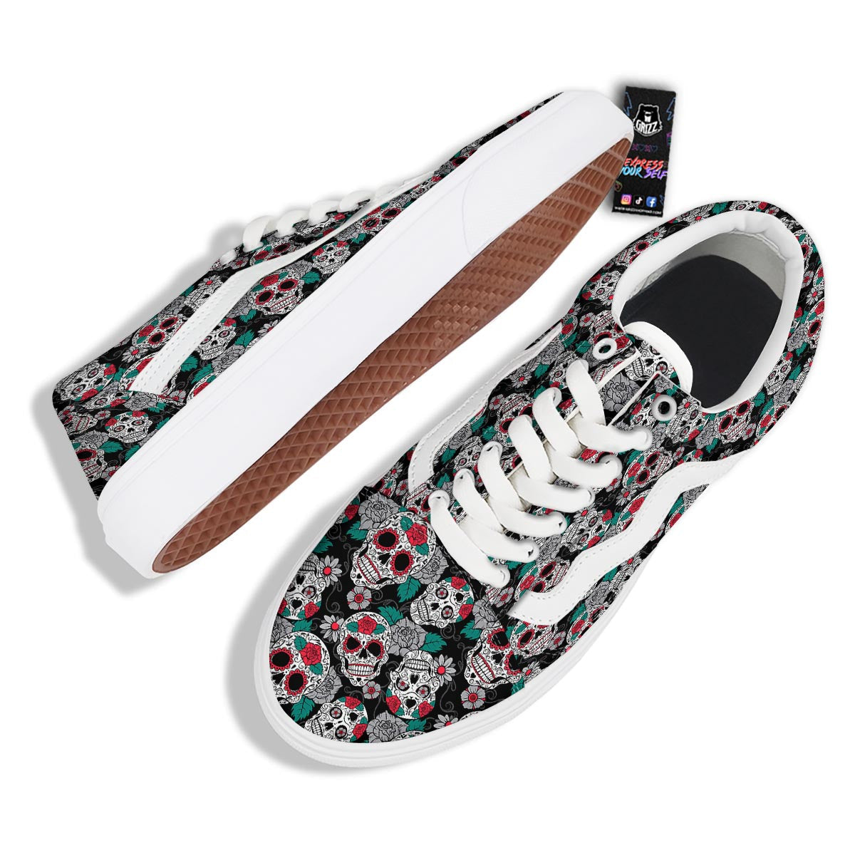 Sugar Skull Rose Floral Print Pattern Skate Shoes-grizzshop