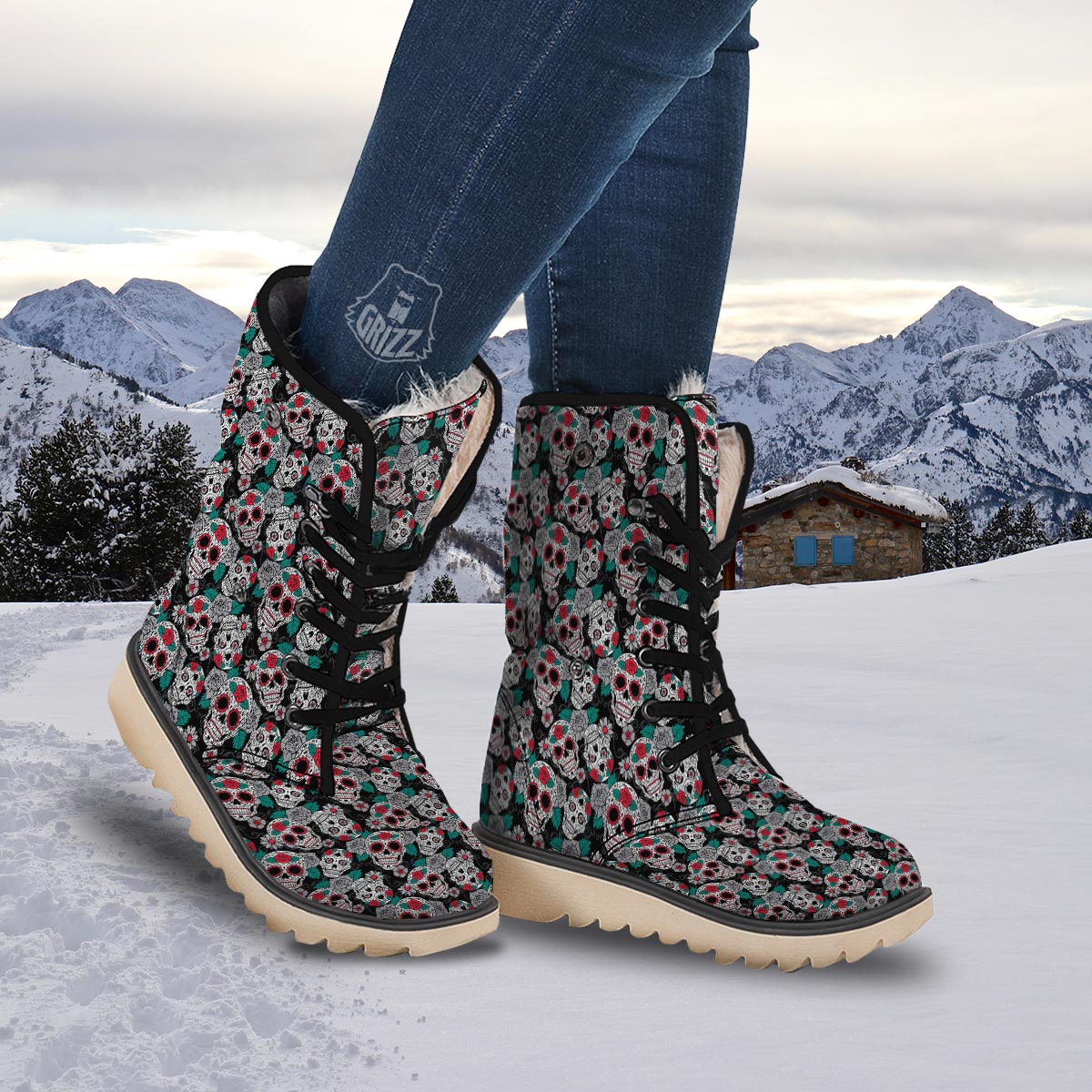 Sugar Skull Rose Floral Print Pattern Snow Boots-grizzshop