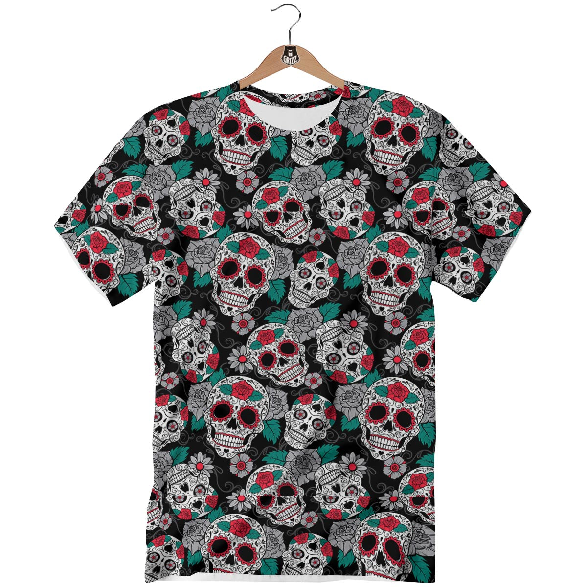 Sugar Skull Rose Floral Print Pattern T-Shirt-grizzshop