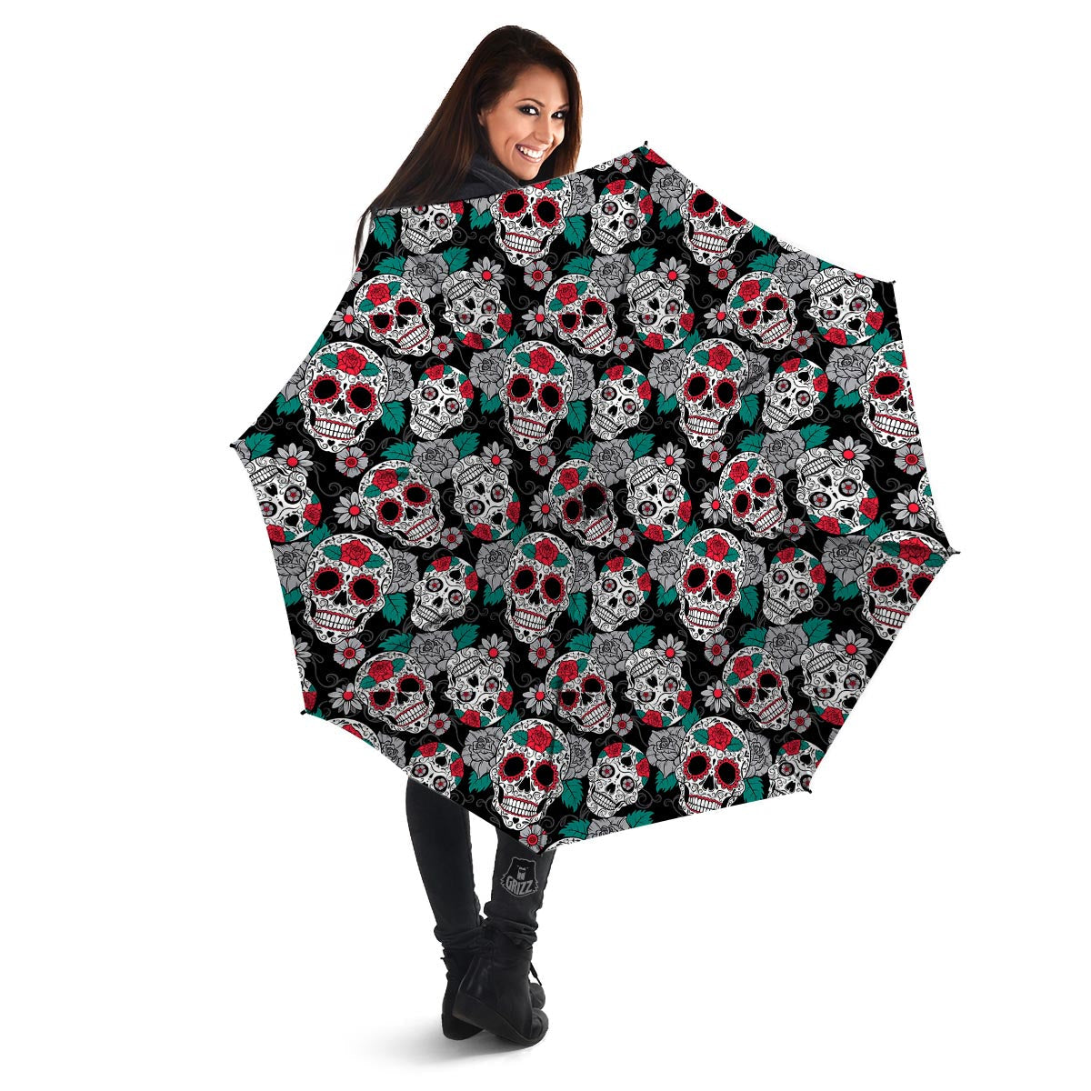 Sugar Skull Rose Floral Print Pattern Umbrella-grizzshop