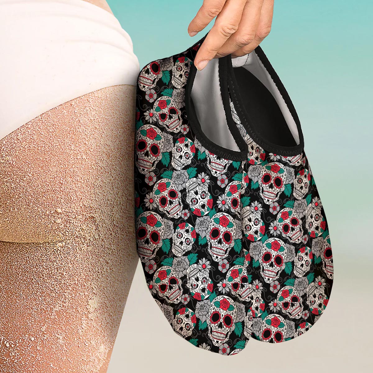 Sugar Skull Rose Floral Print Pattern Water Shoes-grizzshop