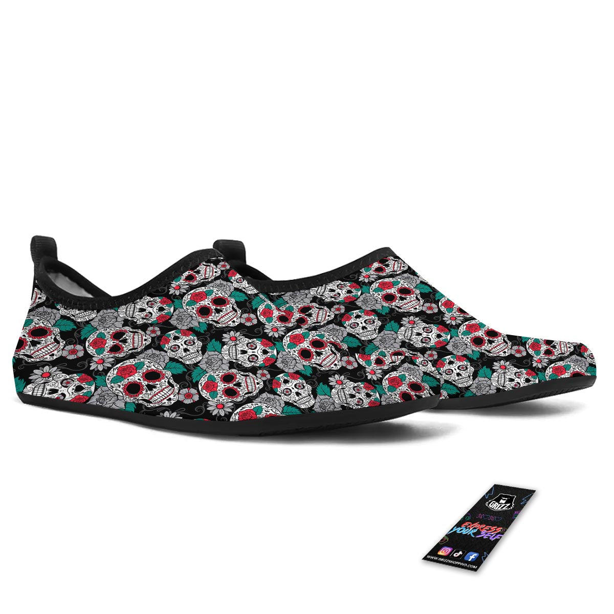 Sugar Skull Rose Floral Print Pattern Water Shoes-grizzshop