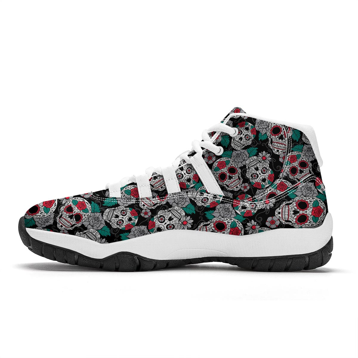 Sugar Skull Rose Floral Print Pattern White Bball Shoes-grizzshop