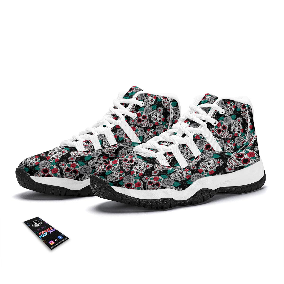 Sugar Skull Rose Floral Print Pattern White Bball Shoes-grizzshop