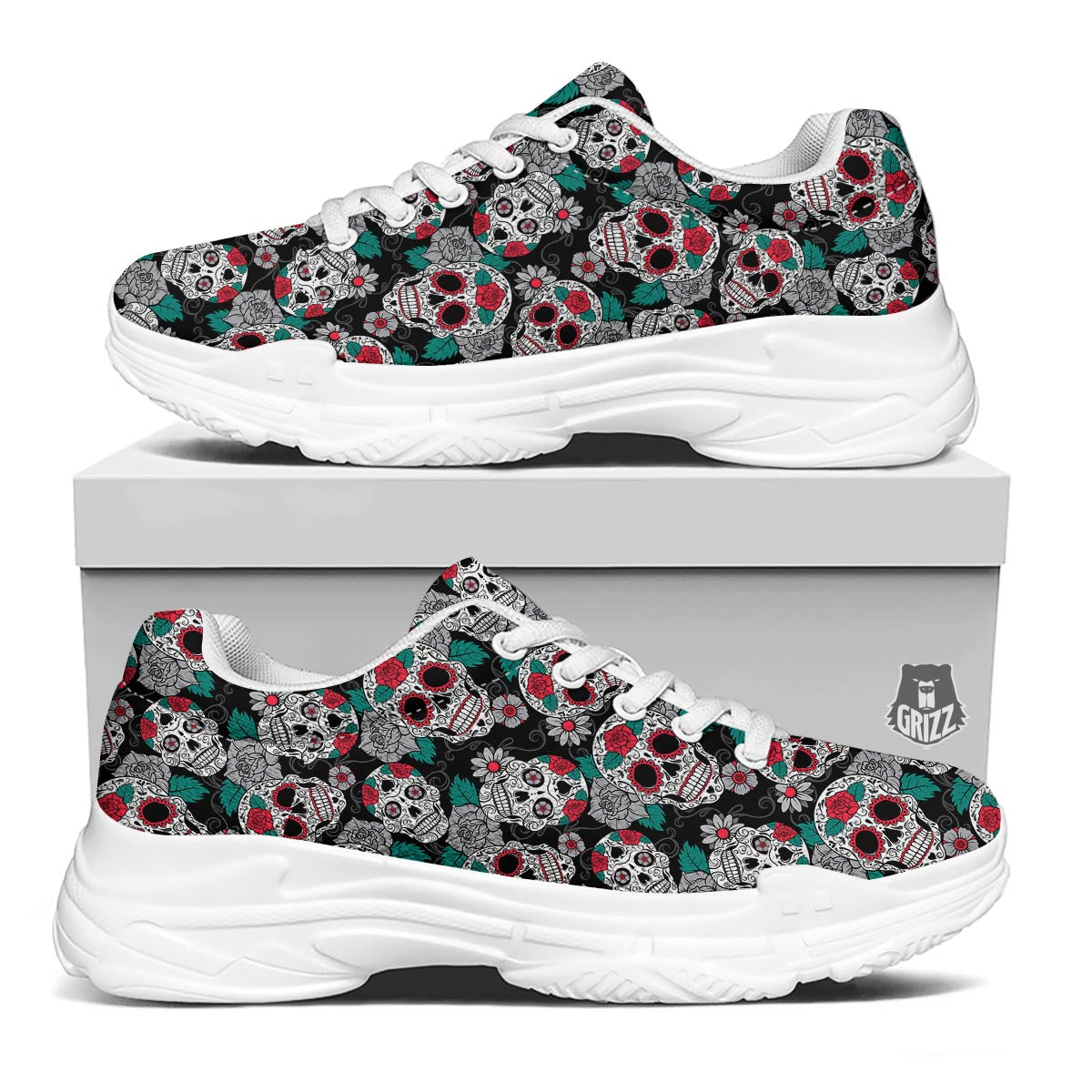 Sugar Skull Rose Floral Print Pattern White Chunky Shoes-grizzshop