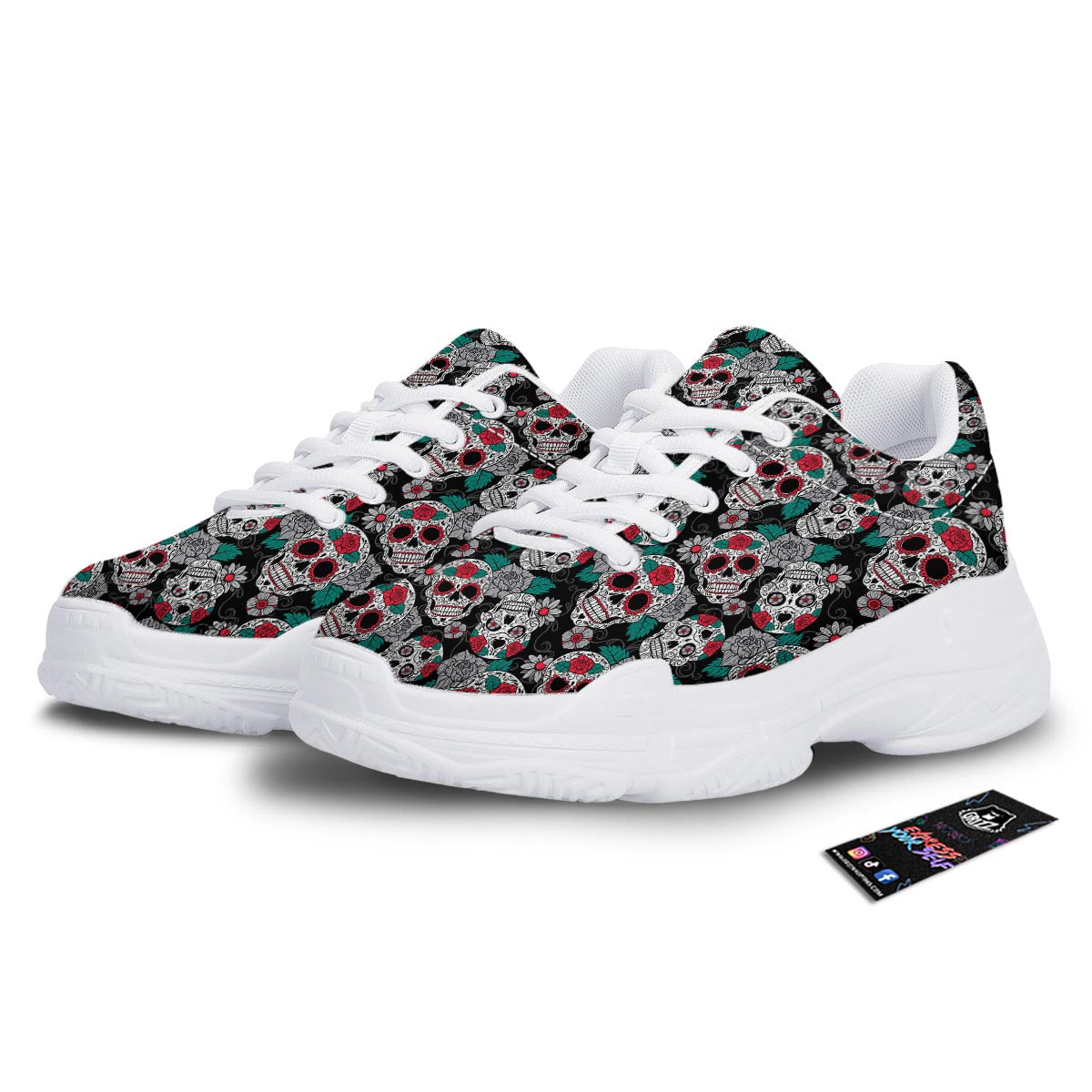 Sugar Skull Rose Floral Print Pattern White Chunky Shoes-grizzshop