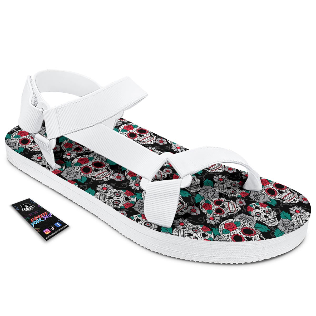 Sugar Skull Rose Floral Print Pattern White Open Toe Sandals-grizzshop